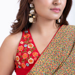 Olive Green Floral Printed Saree Set with Red Embroidered Sleeveless Blouse Close Up
