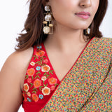 Olive Green Floral Printed Saree Set with Red Embroidered Sleeveless Blouse Close Up
