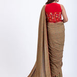 Olive Green Floral Printed Saree Set with Red Embroidered Sleeveless Blouse Back
