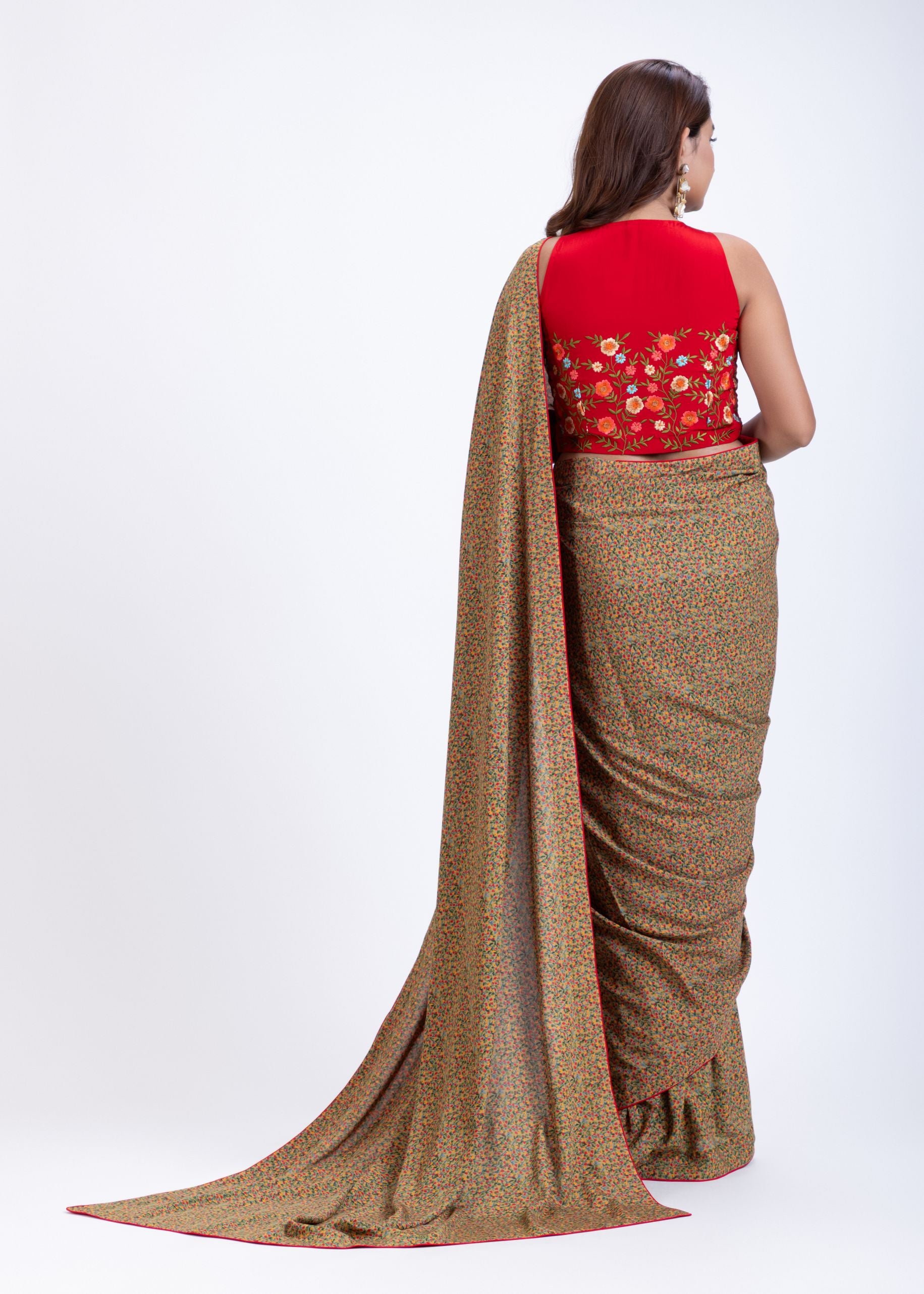 Olive Green Floral Printed Saree Set with Red Embroidered Sleeveless Blouse Back
