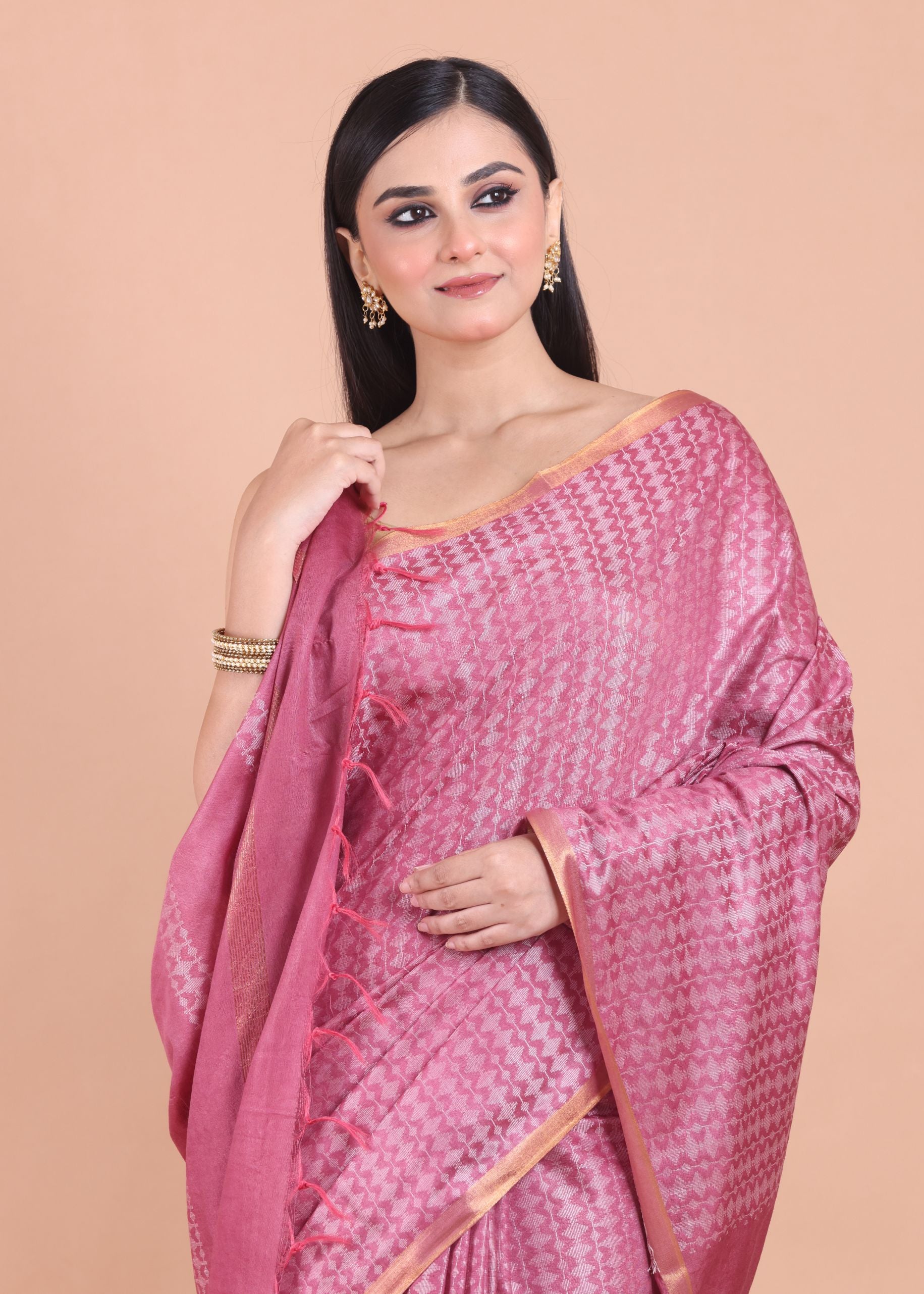 Onion Pink Chanderi Silk Saree close up