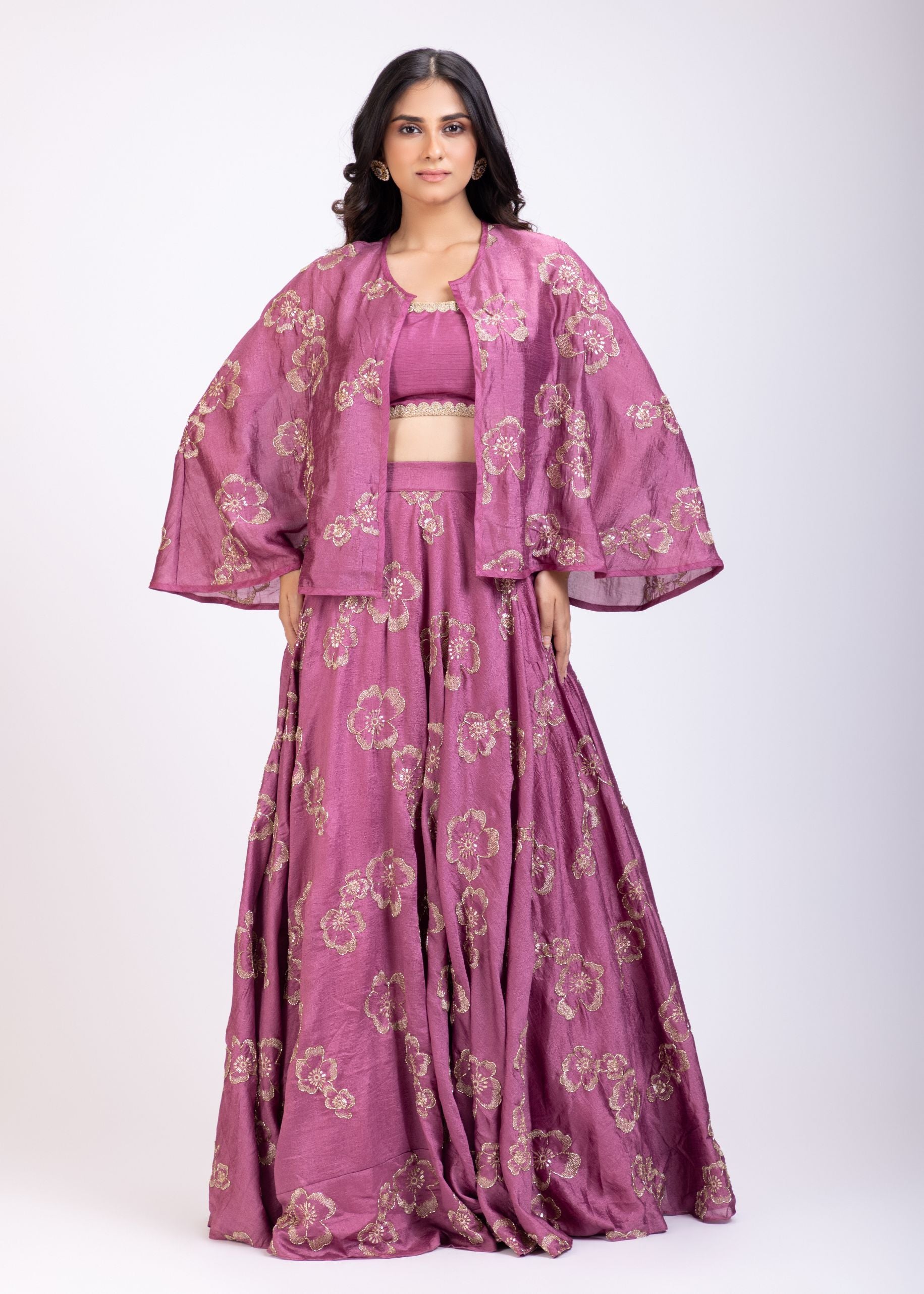 Onion Pink Embroidered Lehenga with short Cape And Blouse Full