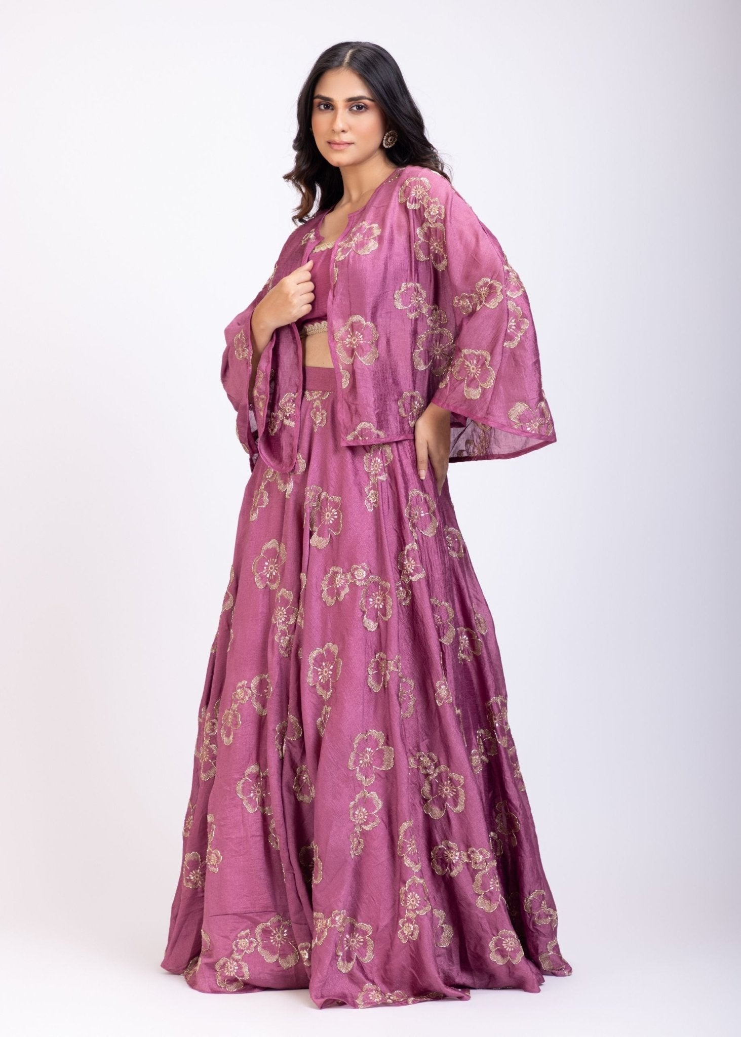 Onion Pink Embroidered Lehenga with short Cape And Blouse - Anvi Couture