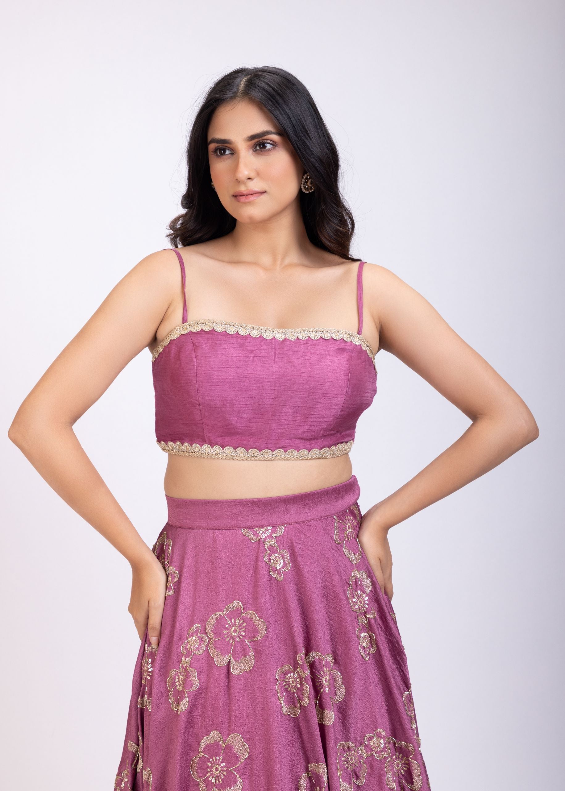 Onion Pink Embroidered Lehenga with short Cape And Blouse Close Up
