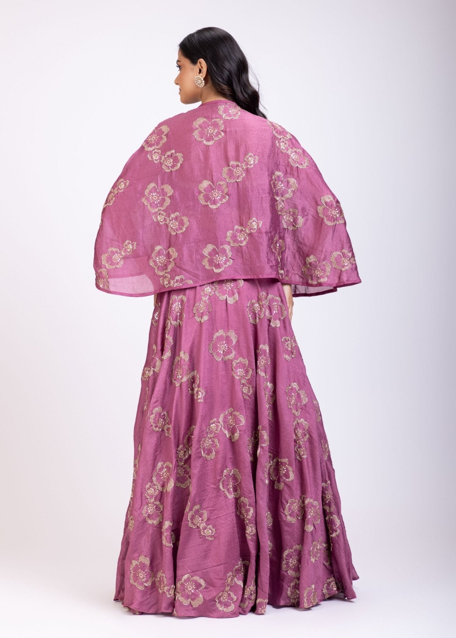 Onion Pink Embroidered Lehenga with short Cape And Blouse - Anvi Couture