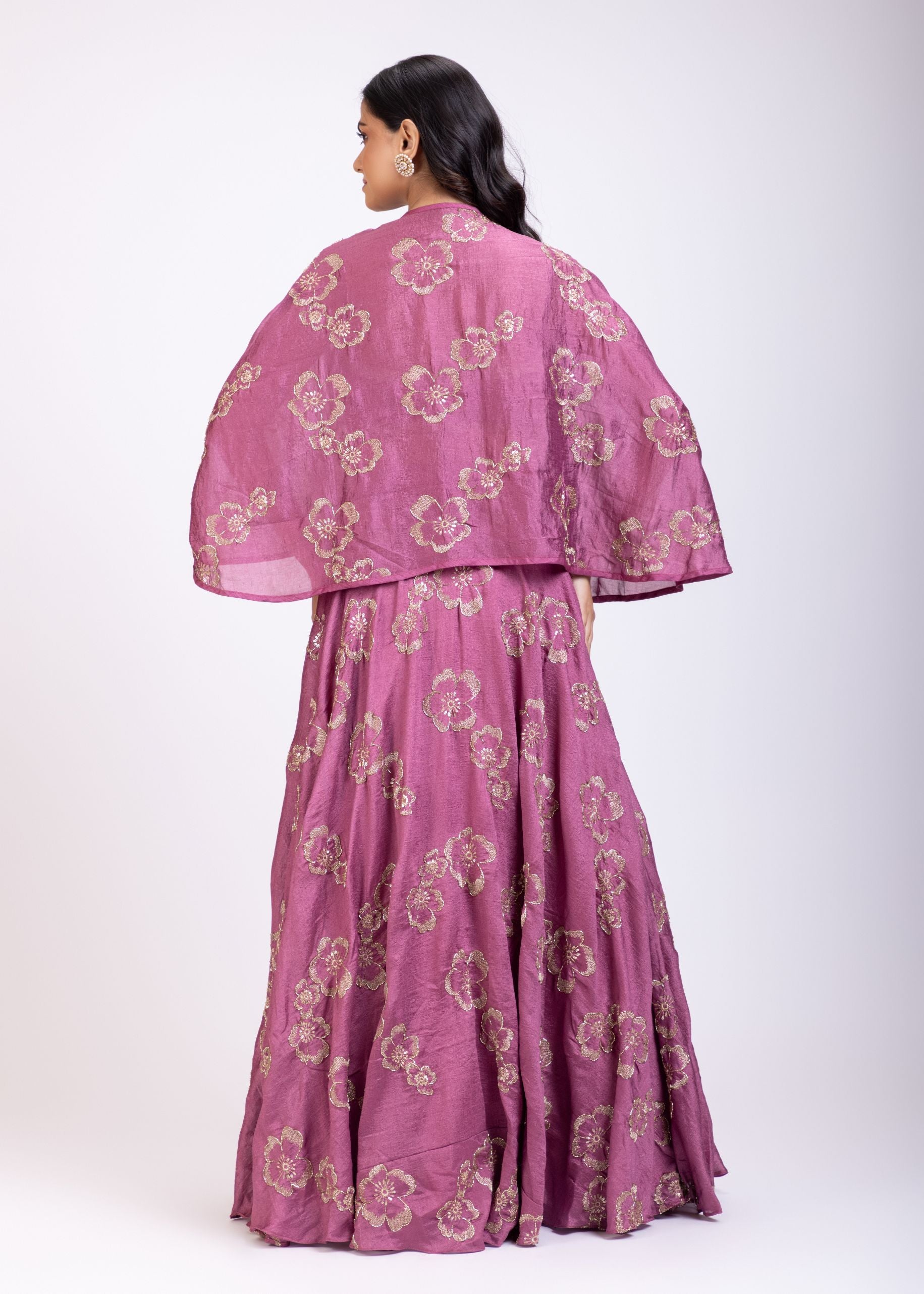 Onion Pink Embroidered Lehenga with short Cape And Blouse Back