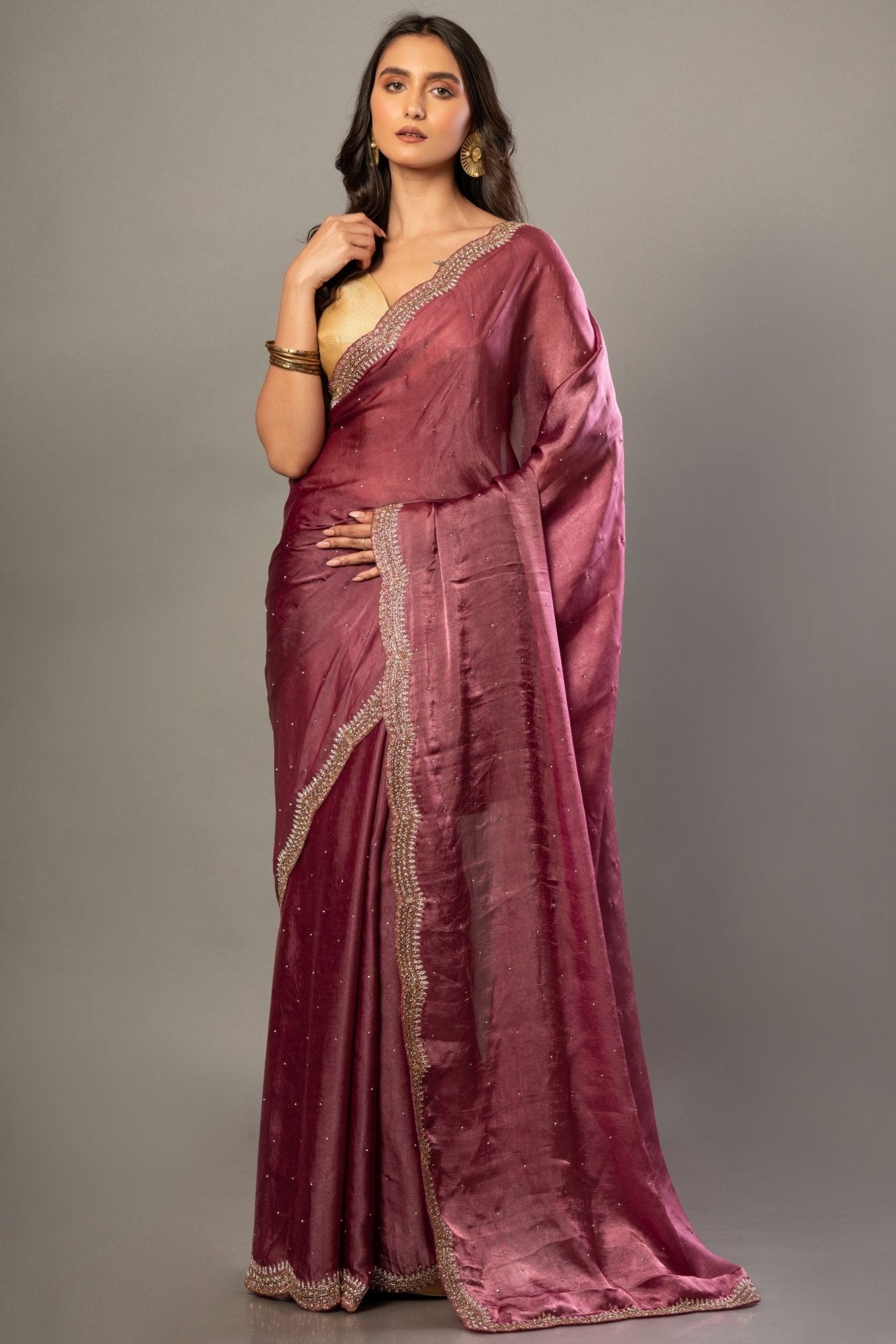 Onion Pink Jimmy Choo Saree With Stone Embroidered Scallop Border - Anvi Couture