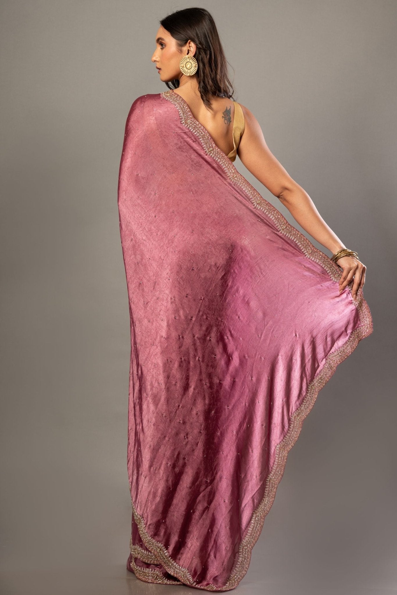 Onion Pink Jimmy Choo Saree With Stone Embroidered Scallop Border - Anvi Couture