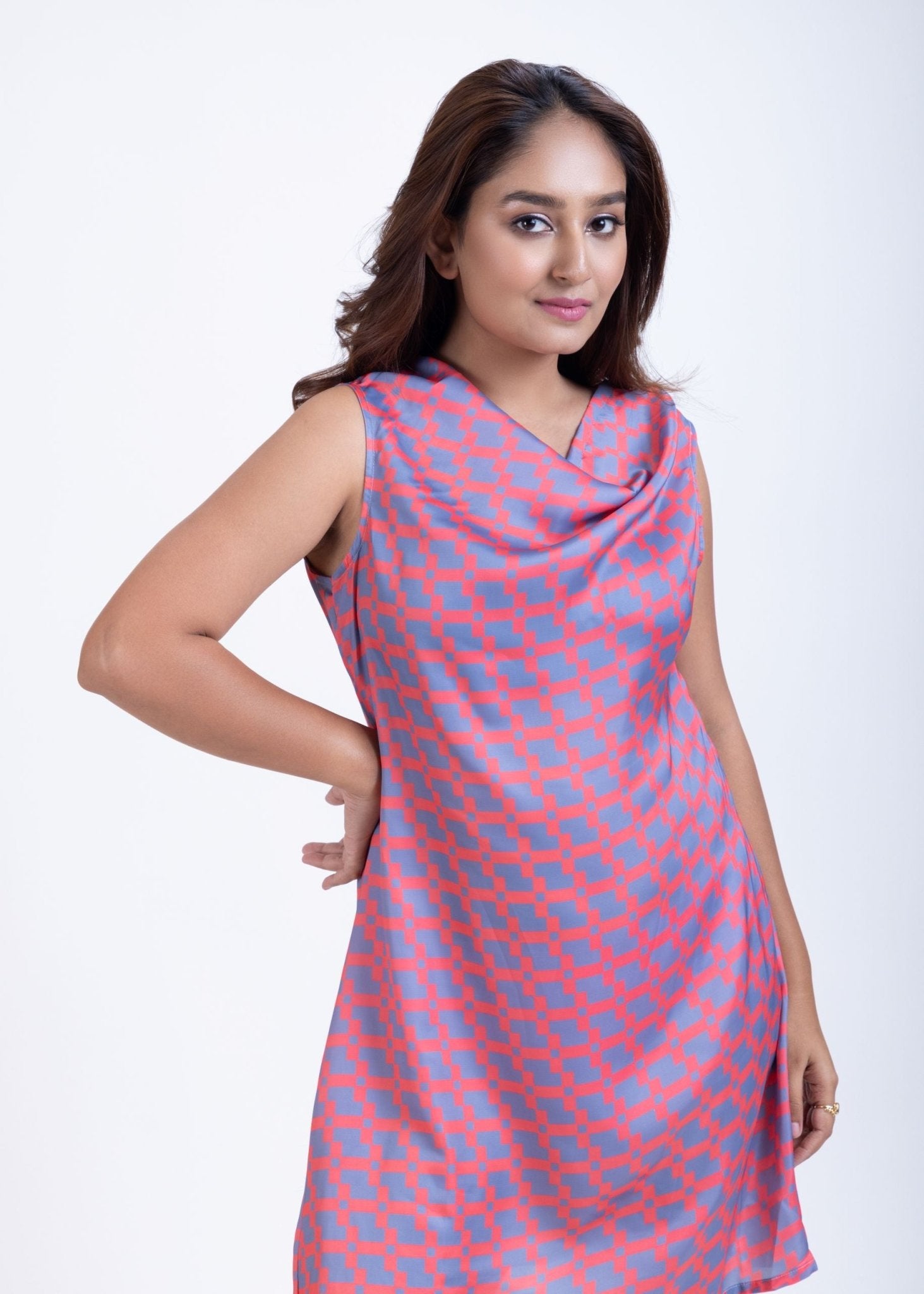 Orange Grey Cowl Neck Short Dress - Anvi Couture