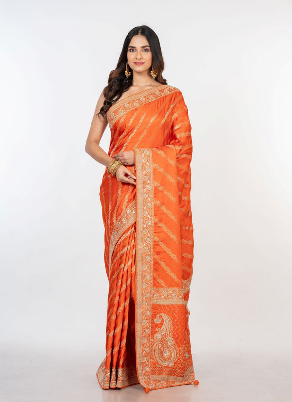 Orange Bridal Banarasi Saree with Hand Embroidered Work - Anvi Couture