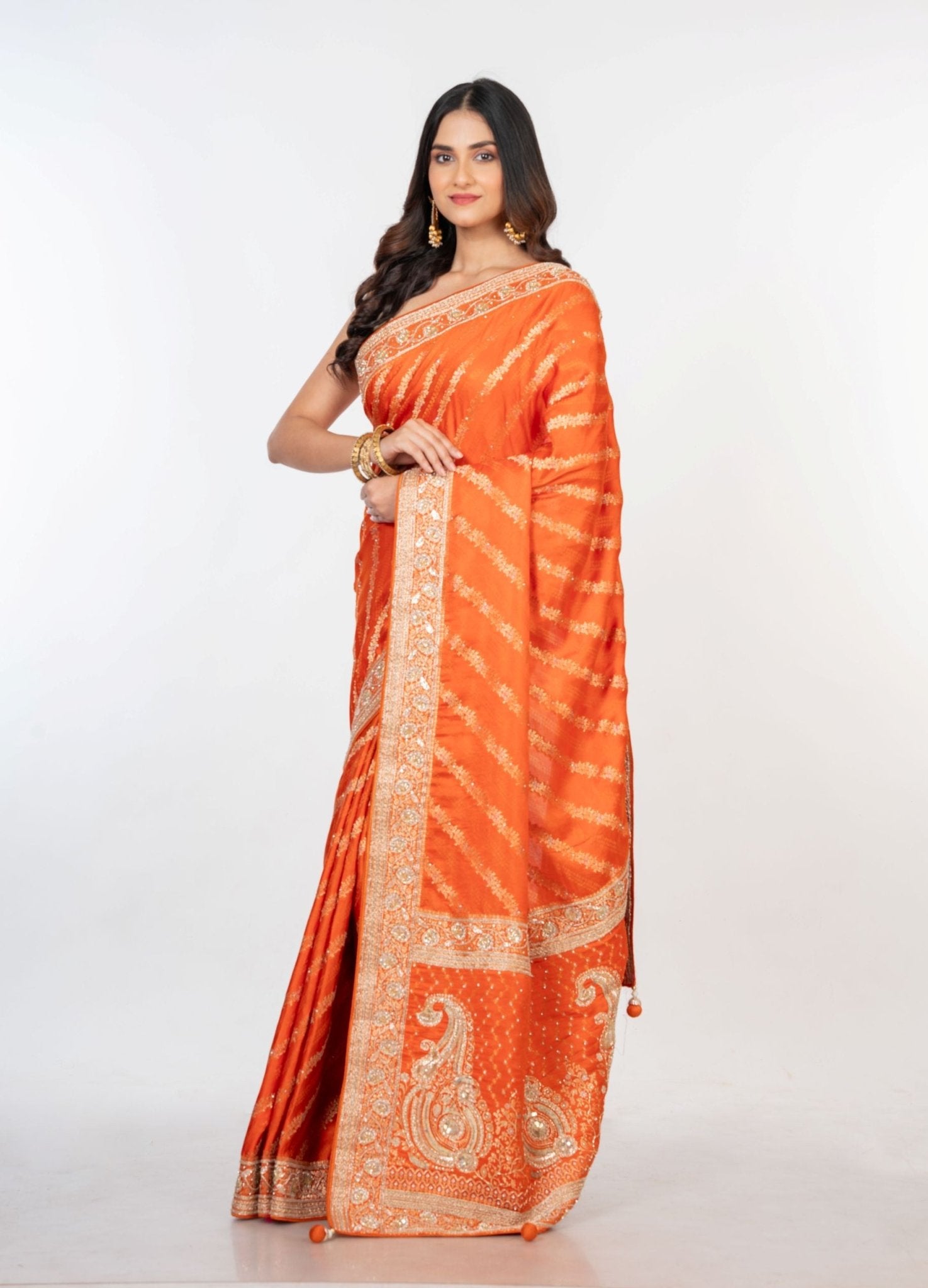 Orange Bridal Banarasi Saree with Hand Embroidered Work - Anvi Couture
