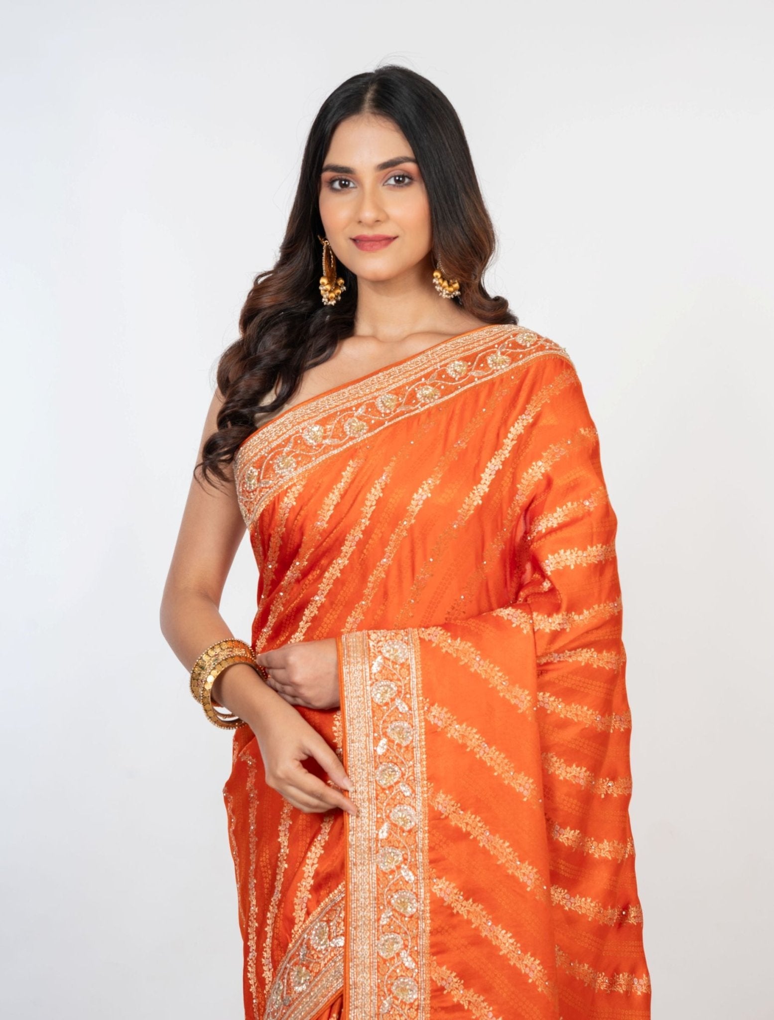 Orange Bridal Banarasi Saree with Hand Embroidered Work - Anvi Couture