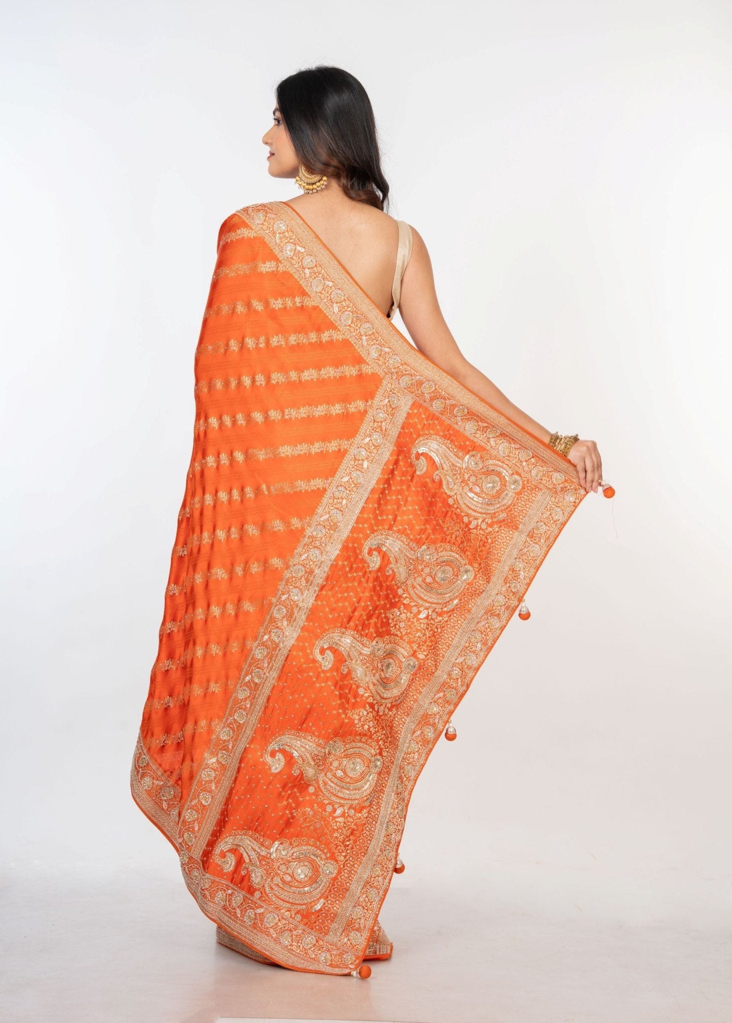 Orange Bridal Banarasi Saree with Hand Embroidered Work - Anvi Couture