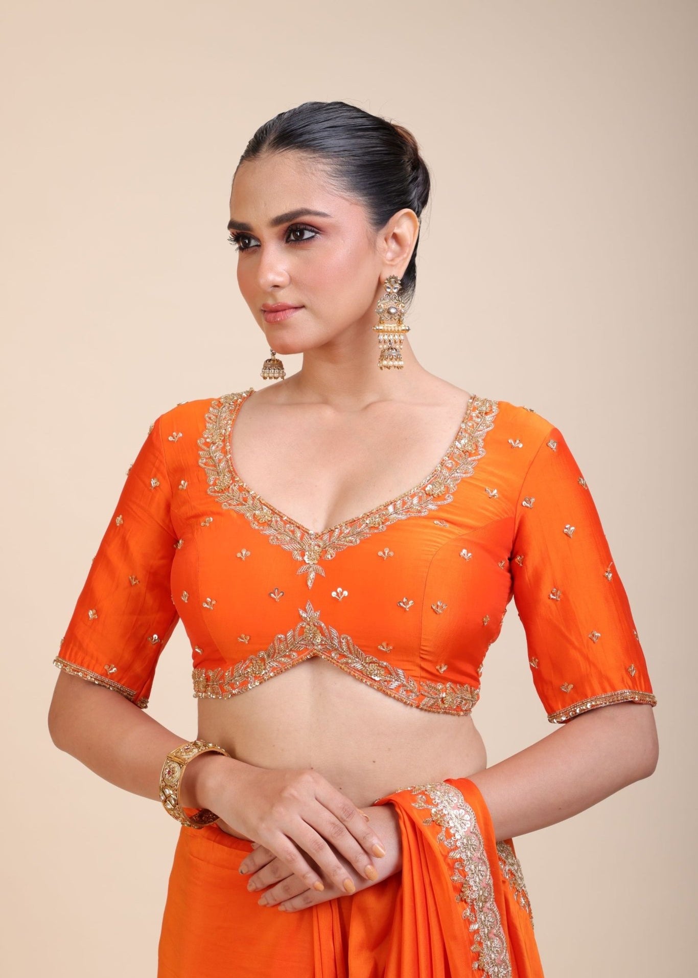Orange Bridal Embroidered Blouse - Anvi Couture