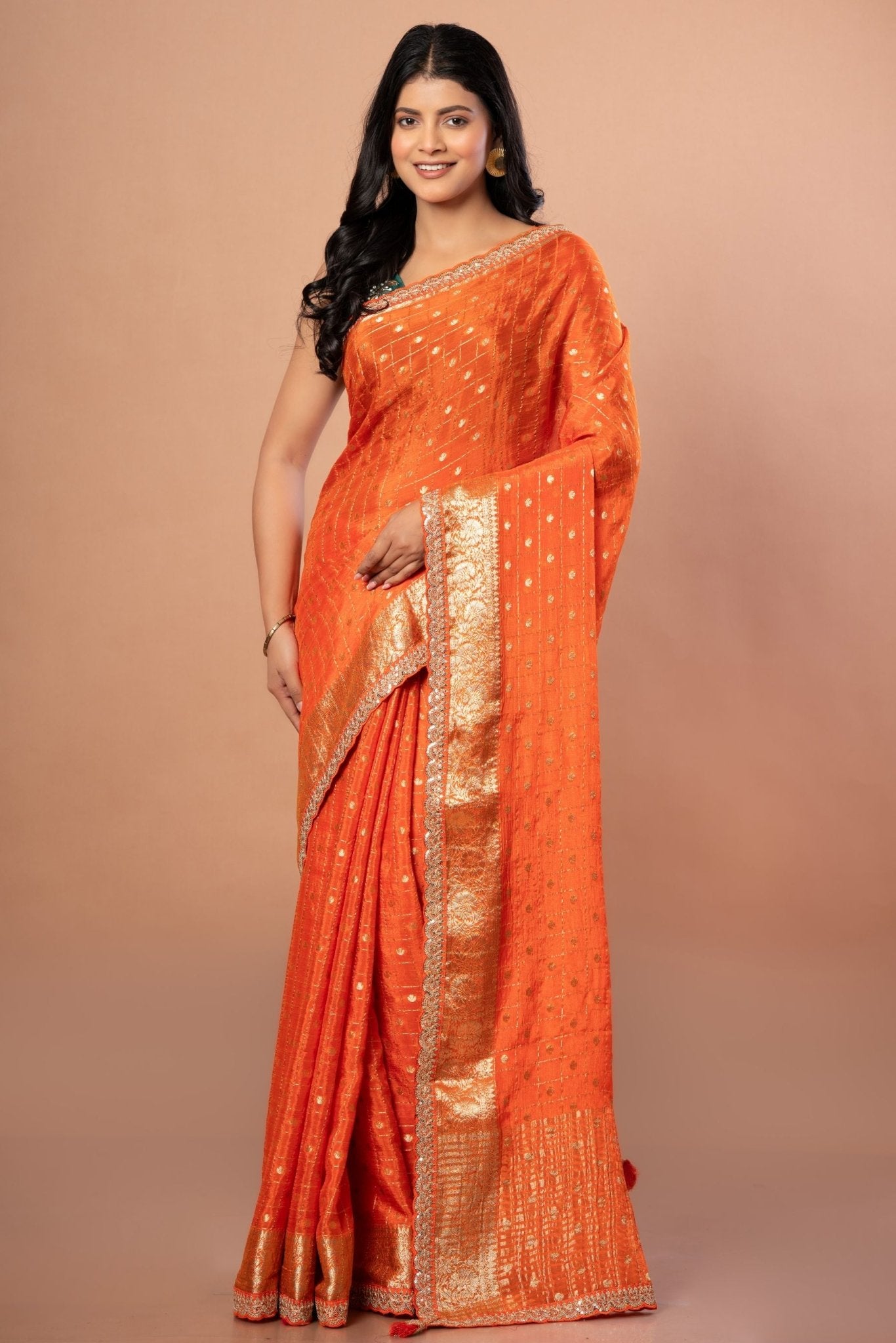 Orange Designer Khaddi Georgette Saree With Embroidered Border - Anvi Couture - Front 1