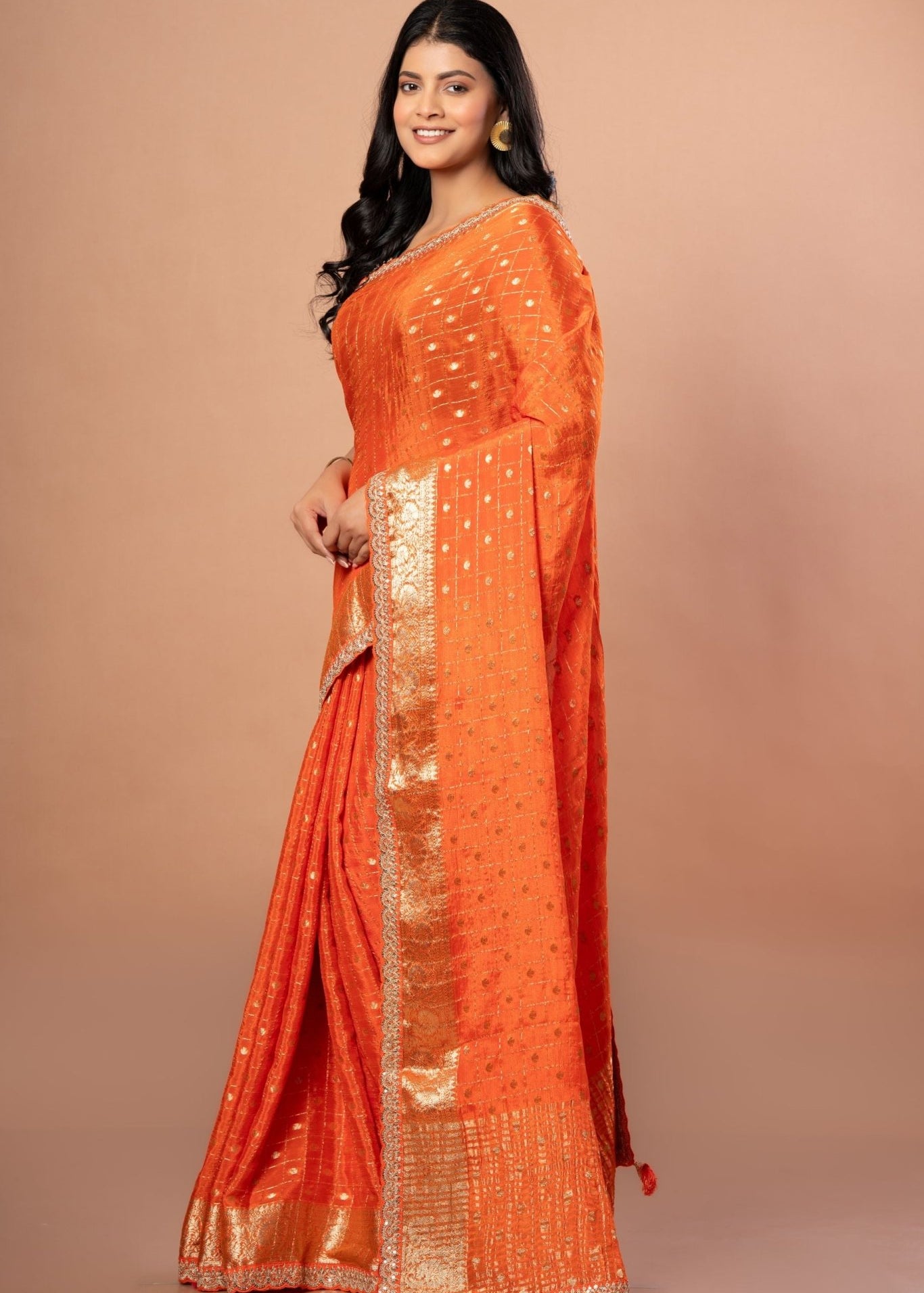 Orange Designer Khaddi Georgette Saree With Embroidered Border - Anvi Couture