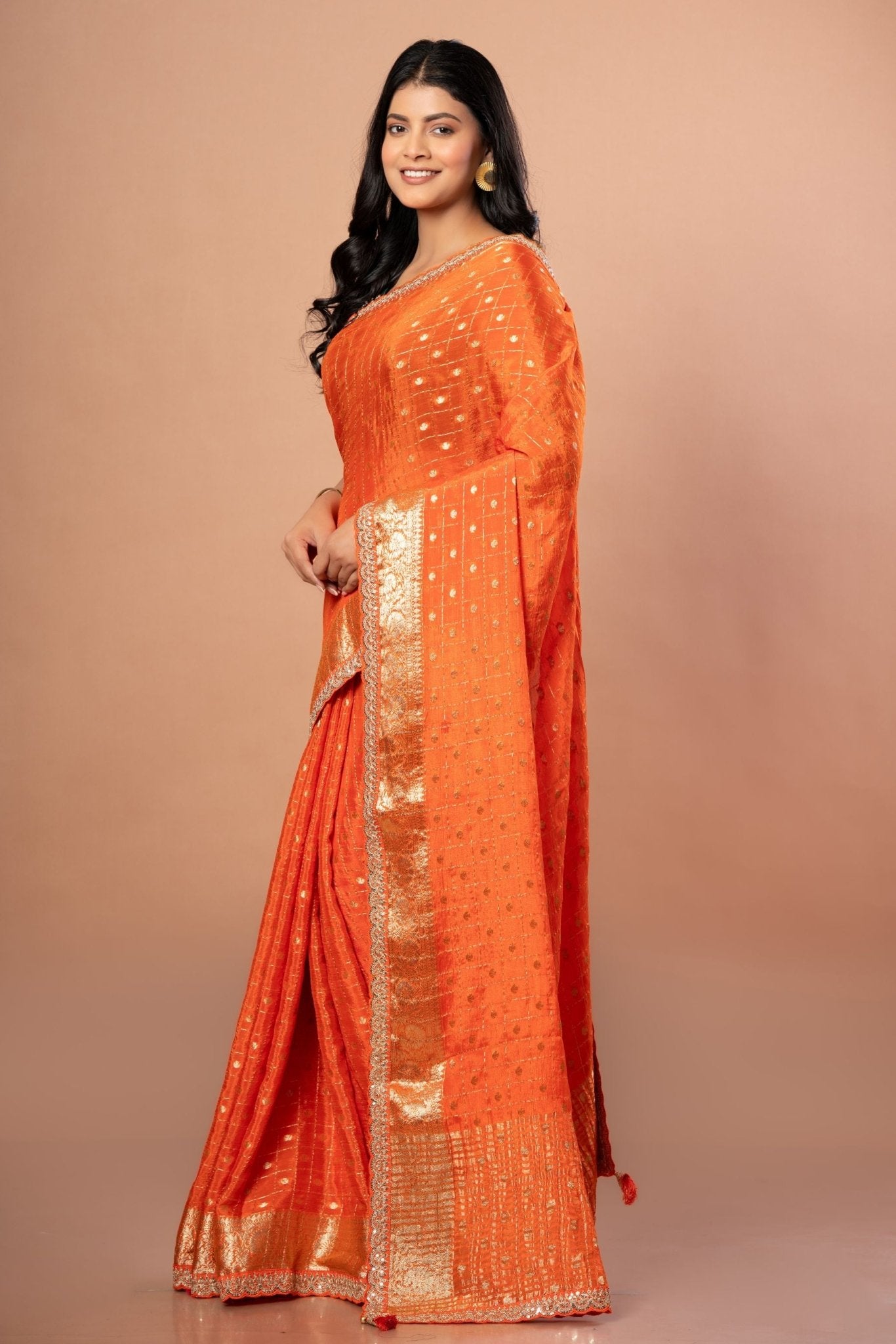 Orange Designer Khaddi Georgette Saree With Embroidered Border - Anvi Couture - Front 2