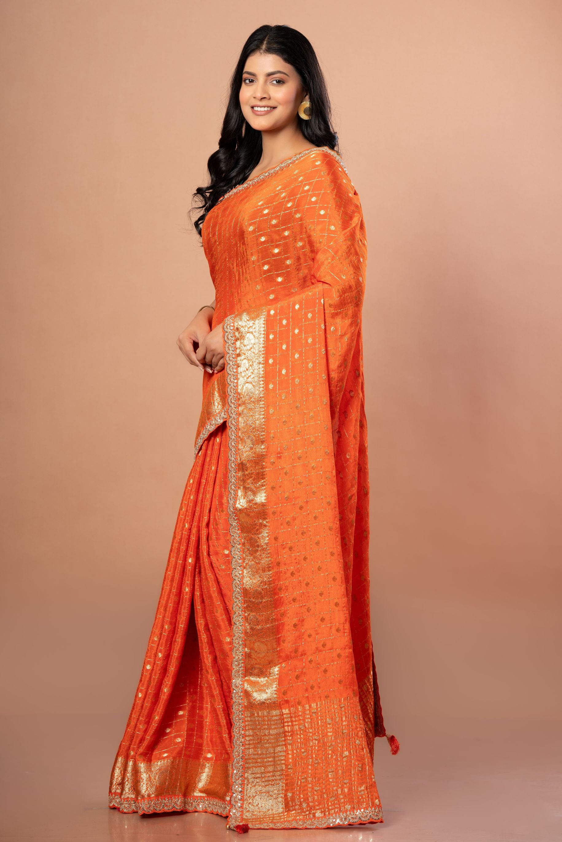Orange Khaddi Georgette Saree With Embroidered Border- Image 2