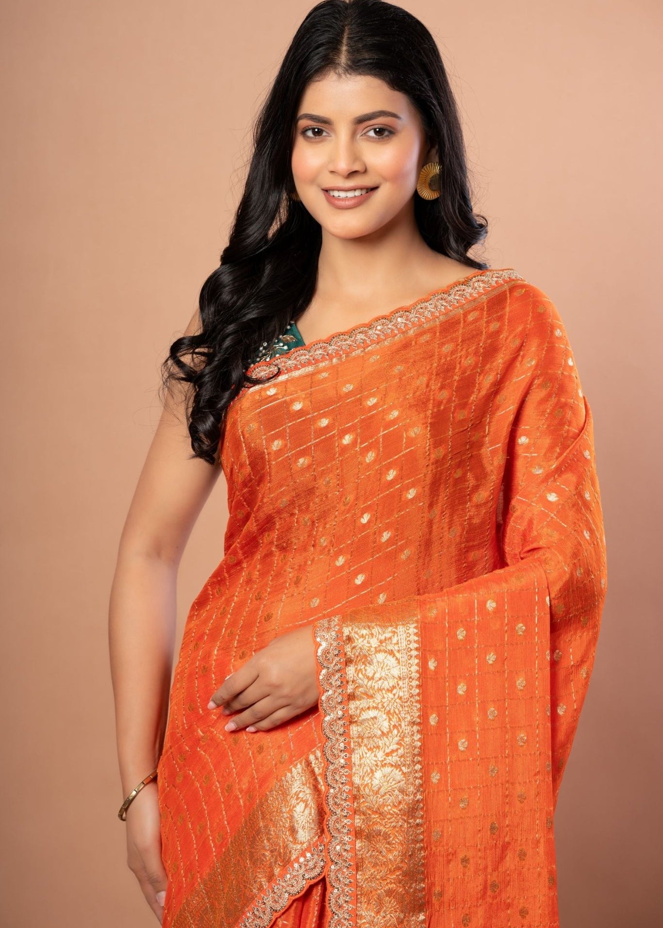 Orange Designer Khaddi Georgette Saree With Embroidered Border - Anvi Couture