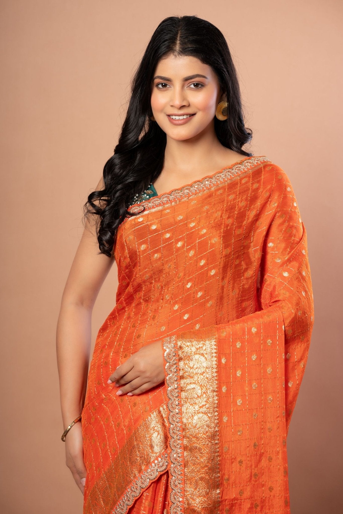 Orange Designer Khaddi Georgette Saree With Embroidered Border - Anvi Couture - Front 3