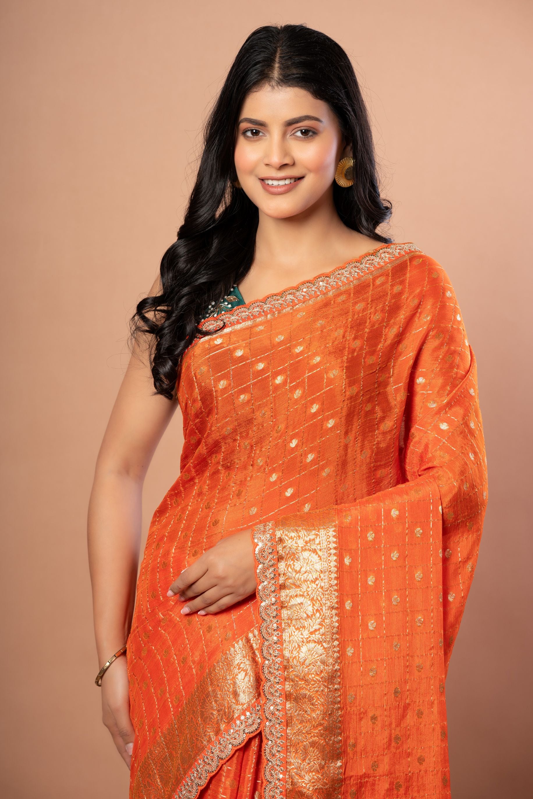 Orange Designer  Georgette Saree With Embroidered Border - - Image 3