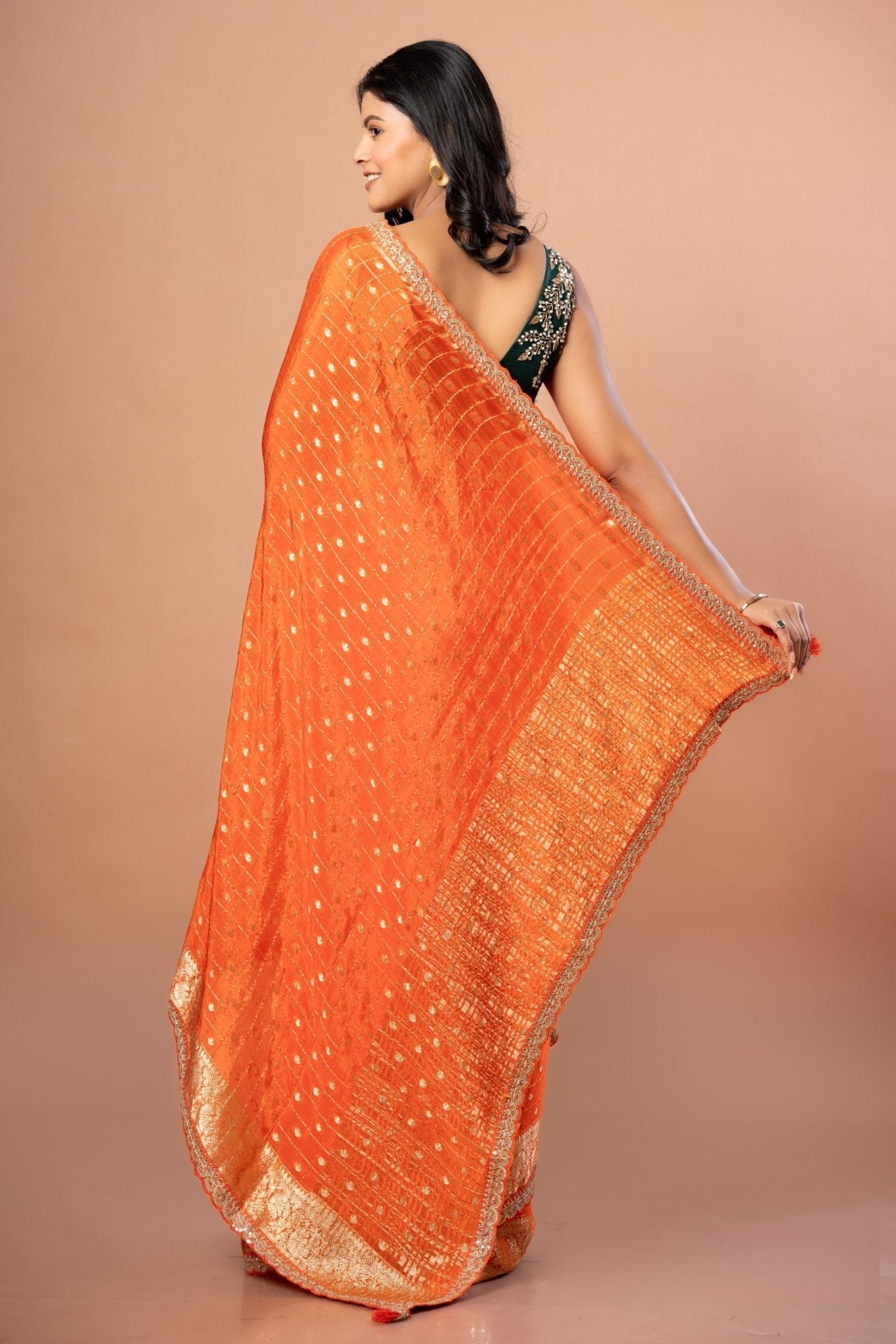 Orange Designer Khaddi Georgette Saree With Embroidered Border - Anvi Couture - Back
