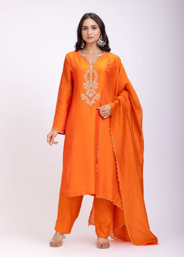 Orange Designer Kurti Set With Hand Embroidery - Anvi Couture