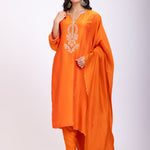 Orange Designer Kurti Set With Hand Embroidery front