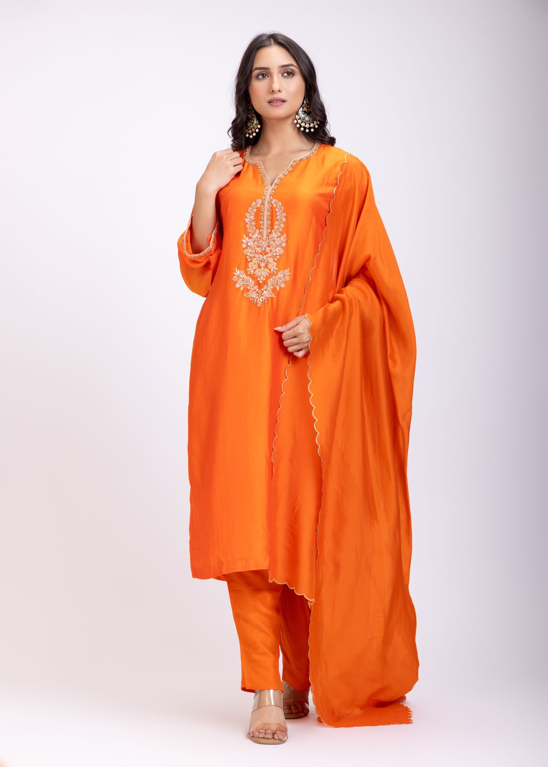 Orange Designer Kurti Set With Hand Embroidery front