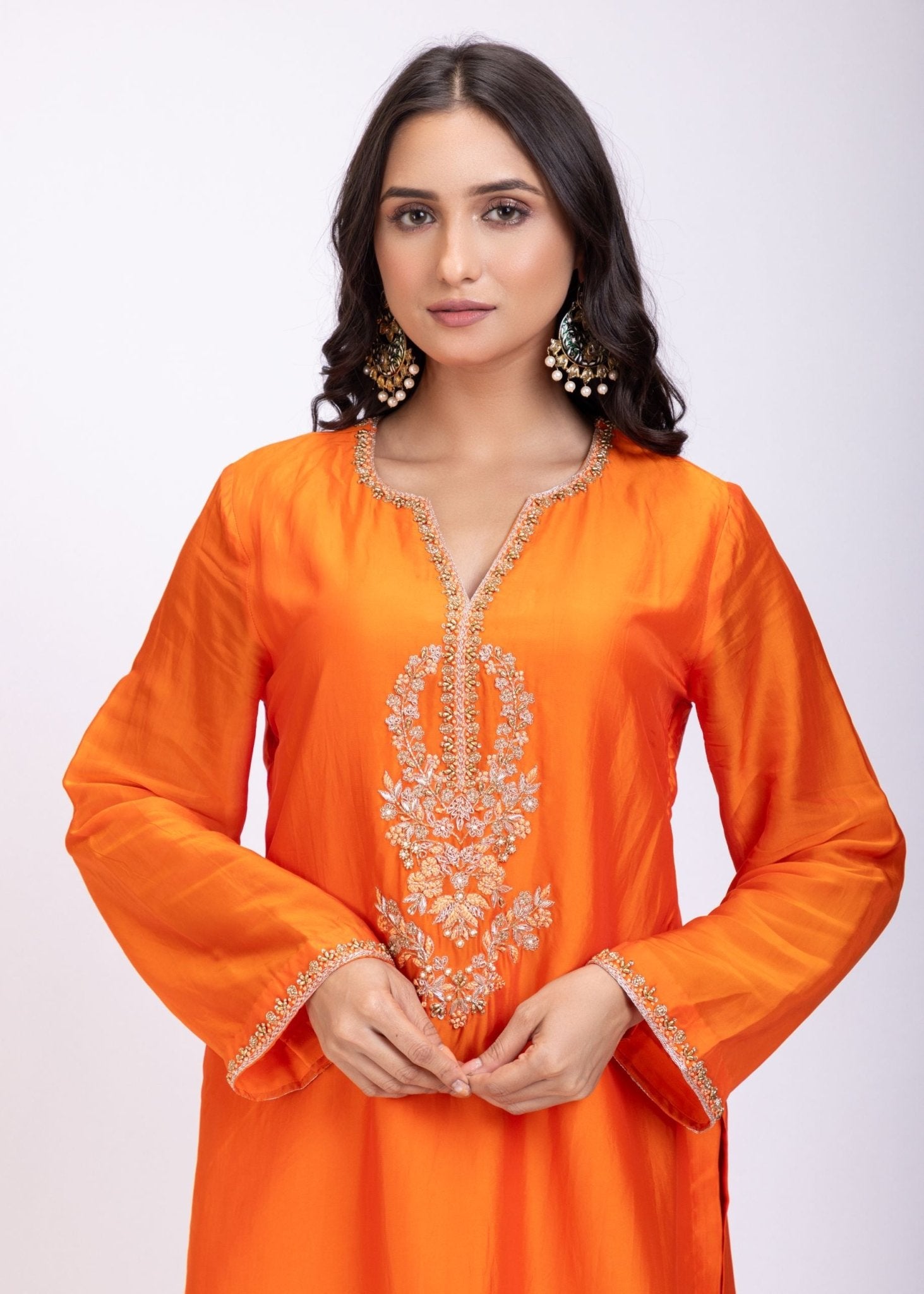 Orange Designer Kurti Set With Hand Embroidery - Anvi Couture