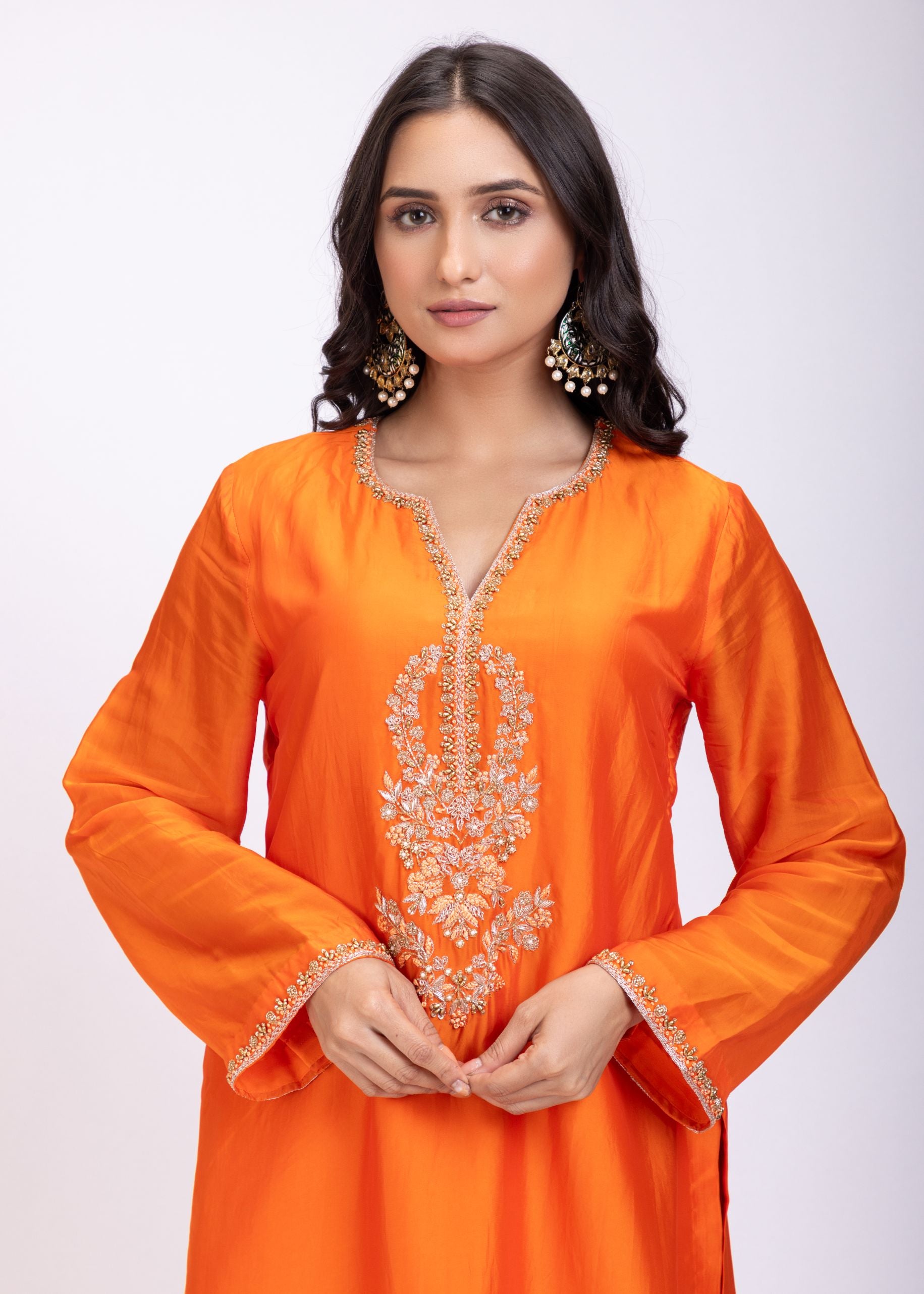 Orange Designer Kurti Set With Hand Embroidery close up