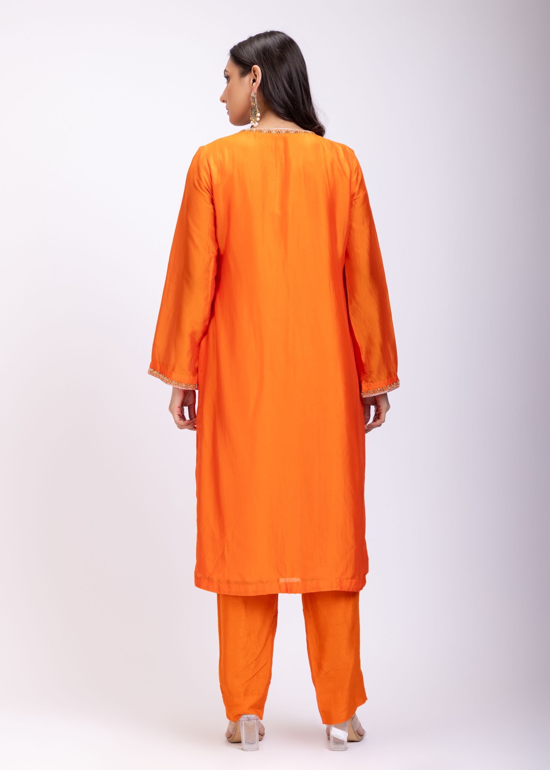 Orange Designer Kurti Set With Hand Embroidery back