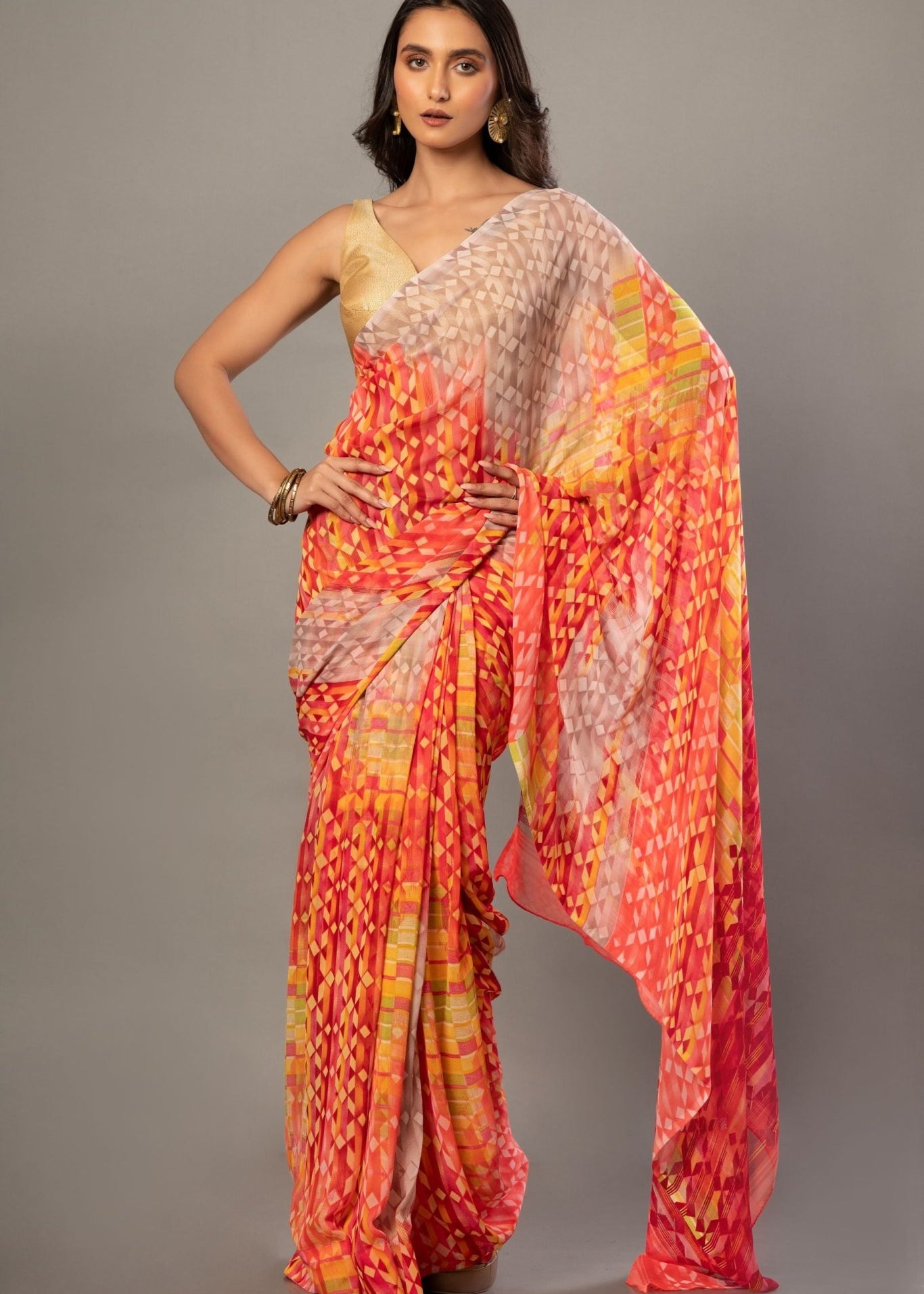Orange Georgette Abstract - Printed Saree - Anvi Couture