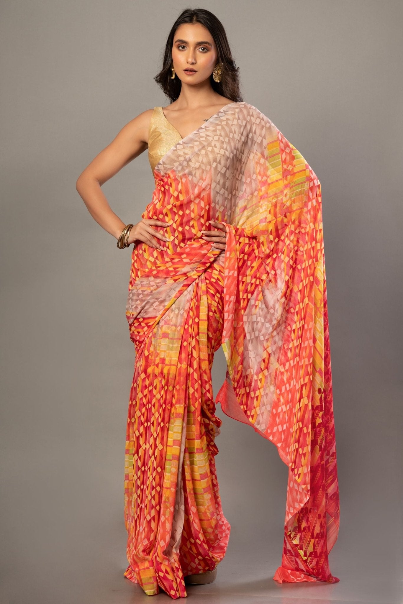 Orange Georgette Abstract - Printed Saree - Anvi Couture