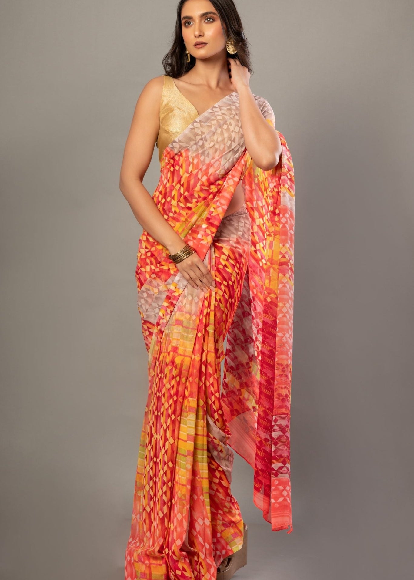 Orange Georgette Abstract - Printed Saree - Anvi Couture