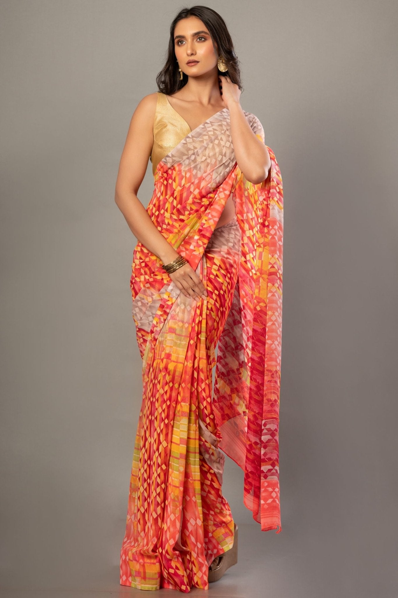 Orange Georgette Abstract - Printed Saree - Anvi Couture