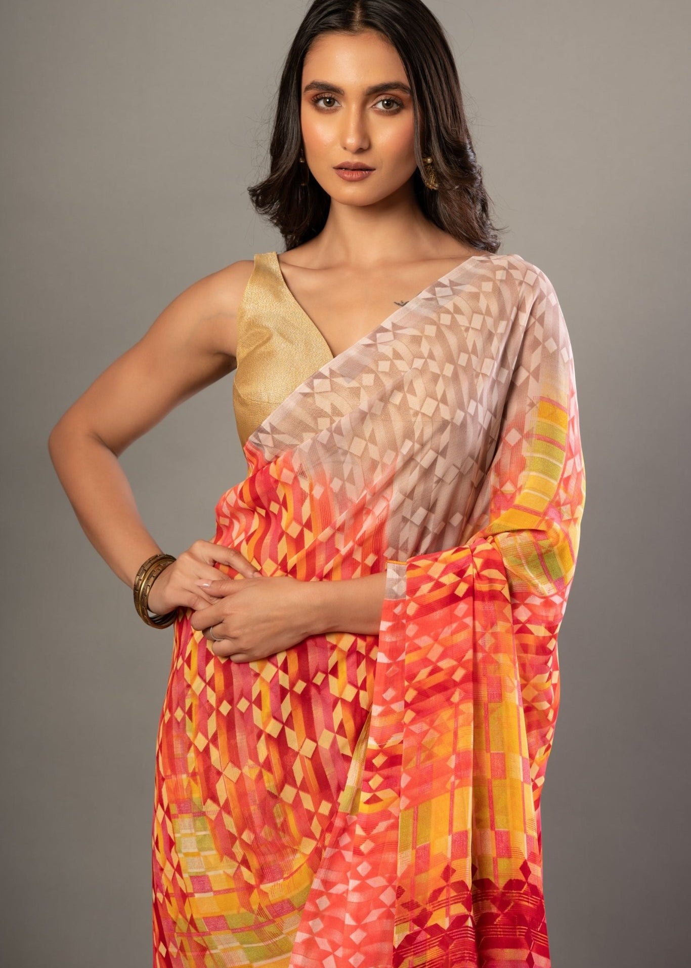Orange Georgette Abstract - Printed Saree - Anvi Couture
