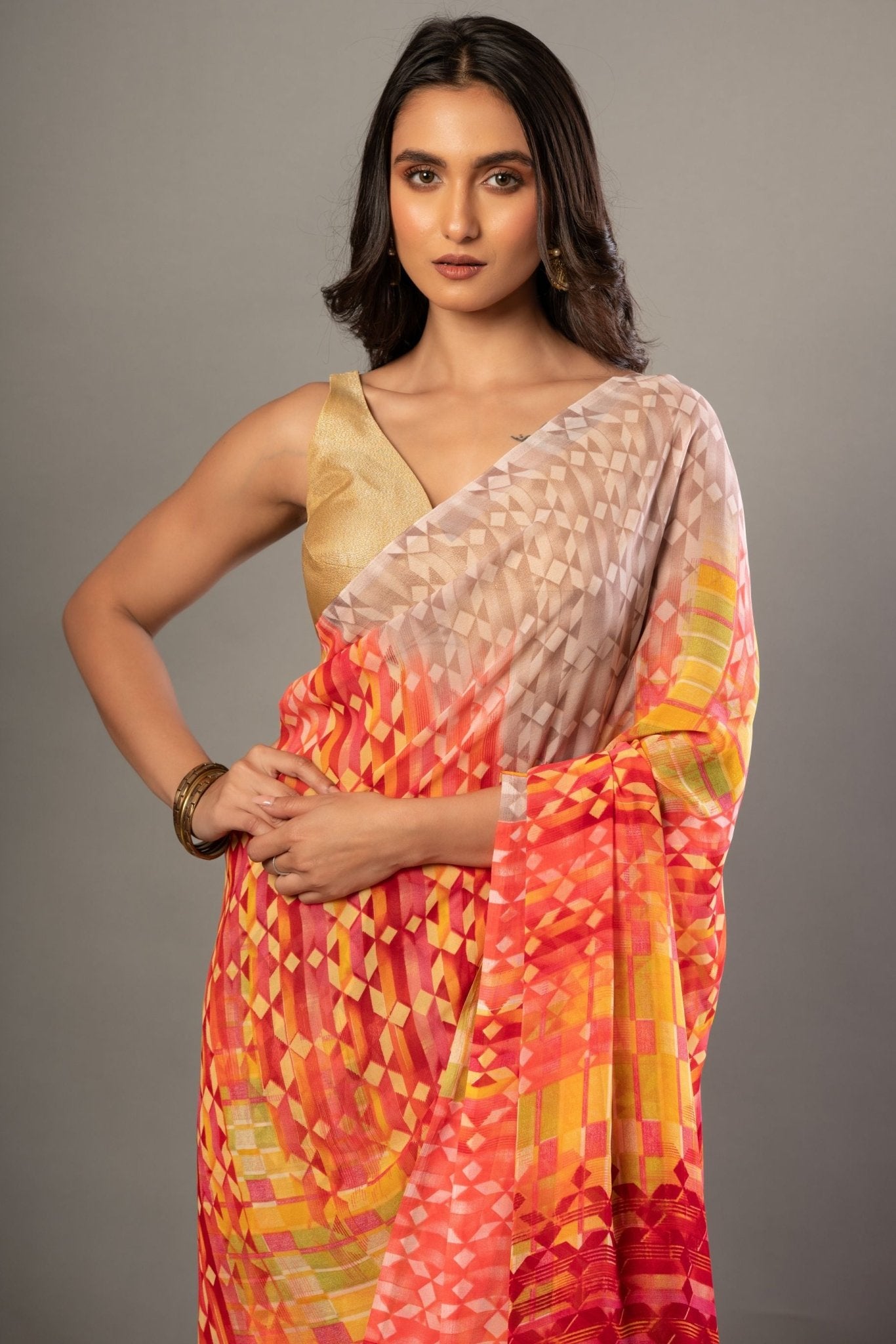 Orange Georgette Abstract - Printed Saree - Anvi Couture