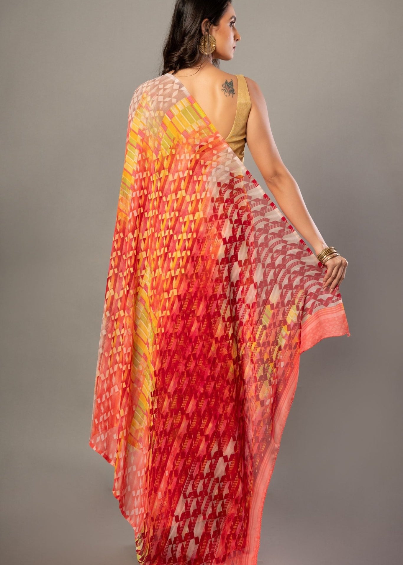 Orange Georgette Abstract - Printed Saree - Anvi Couture