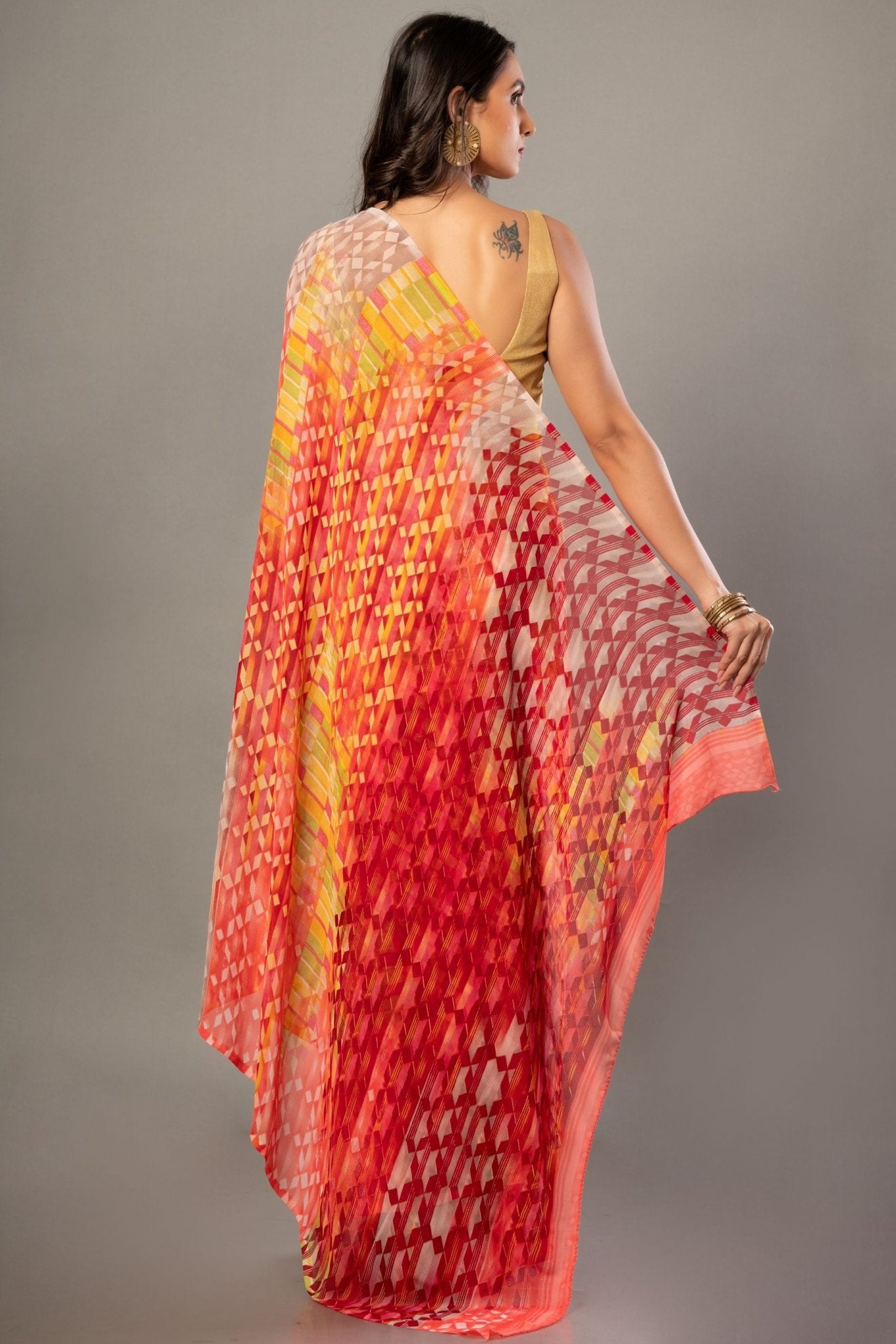 Orange Georgette Abstract - Printed Saree - Anvi Couture