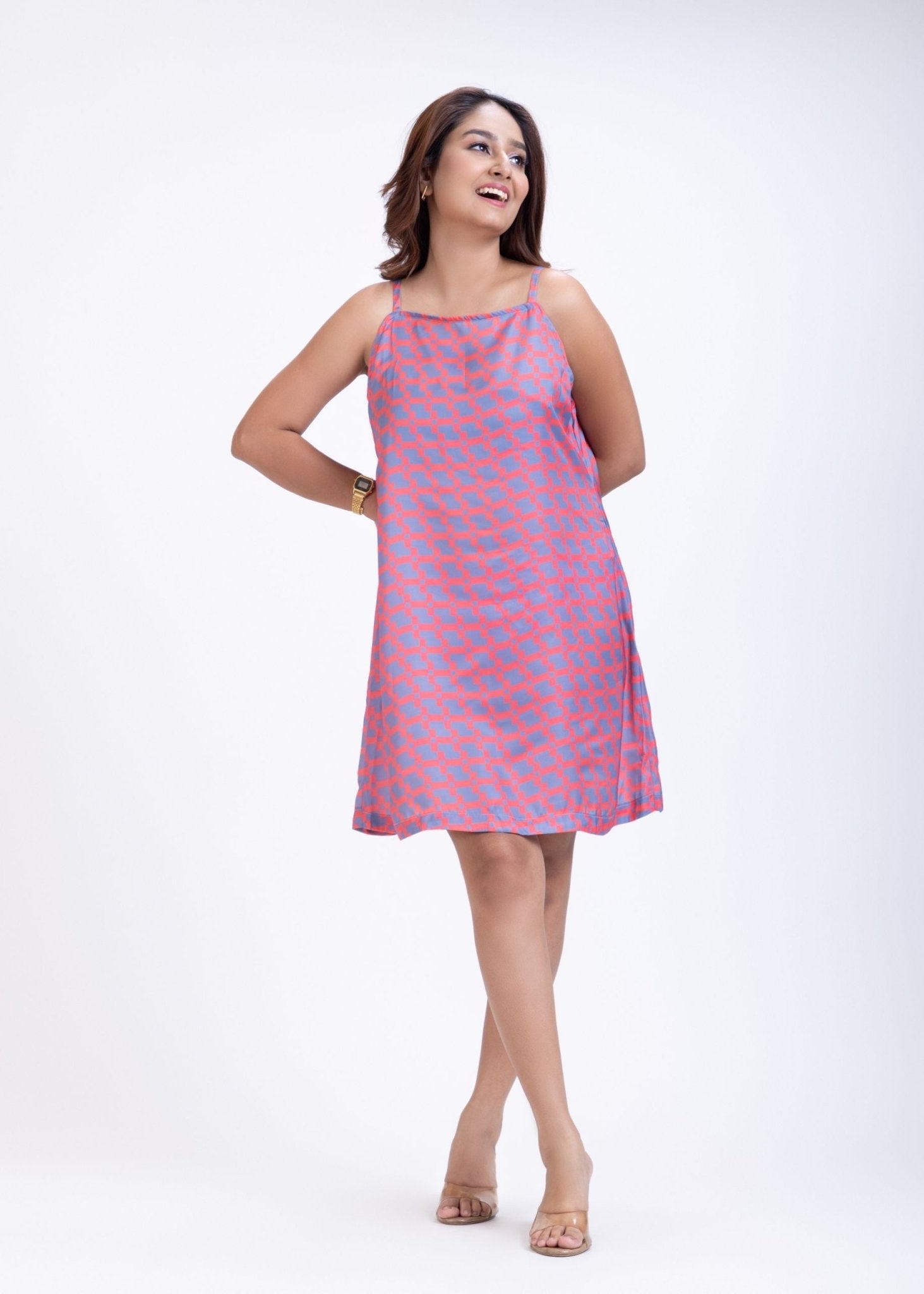 Orange Grey Spaghetti Strap Short Dress - Anvi Couture