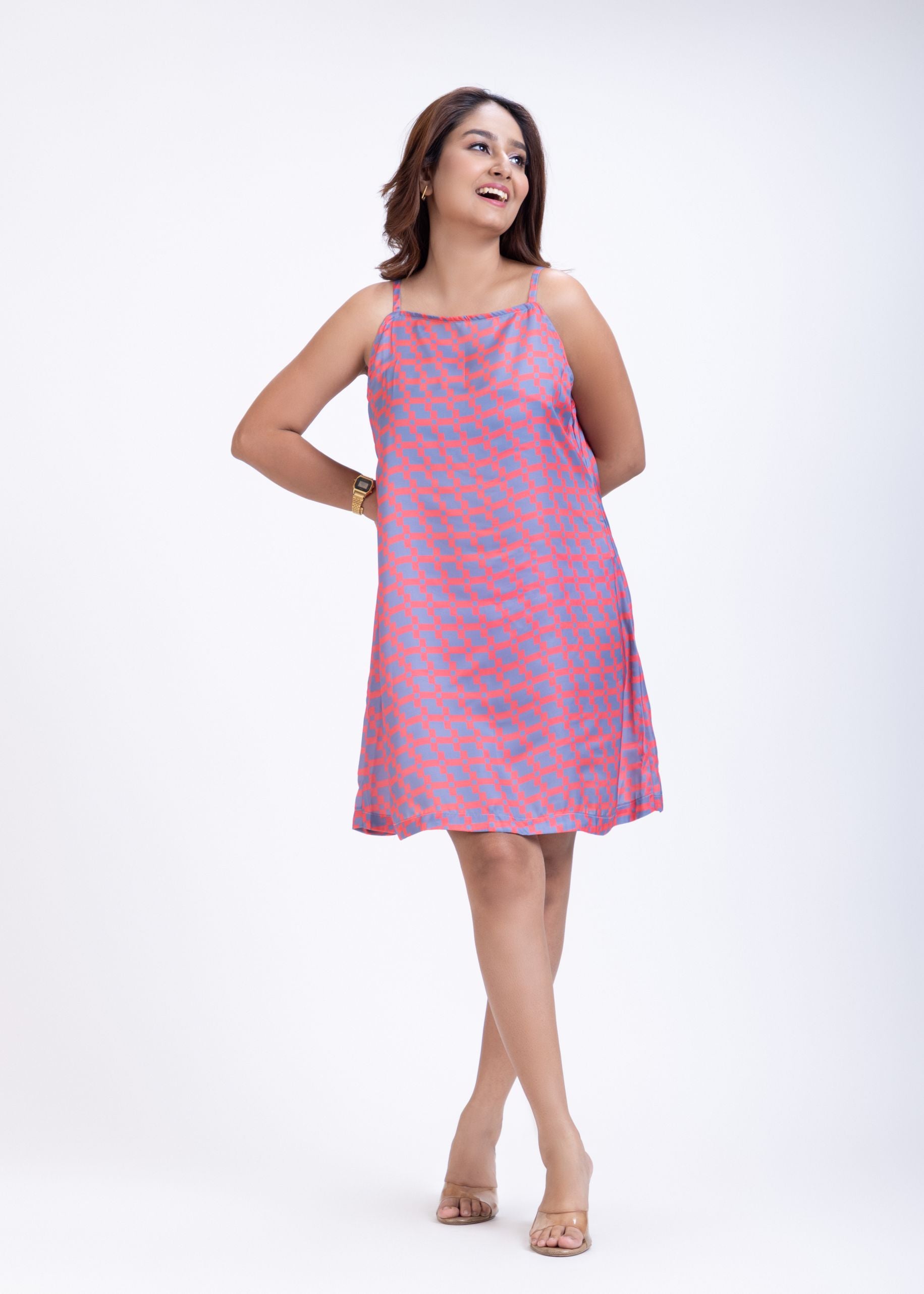 Orange Grey Spaghetti Strap Short Dress Front

