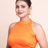 Orange Halter Neck Sleeveless Blouse With Diamond Cutout Back Design front