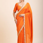 Orange Hand Embroidered Designer Saree - Front