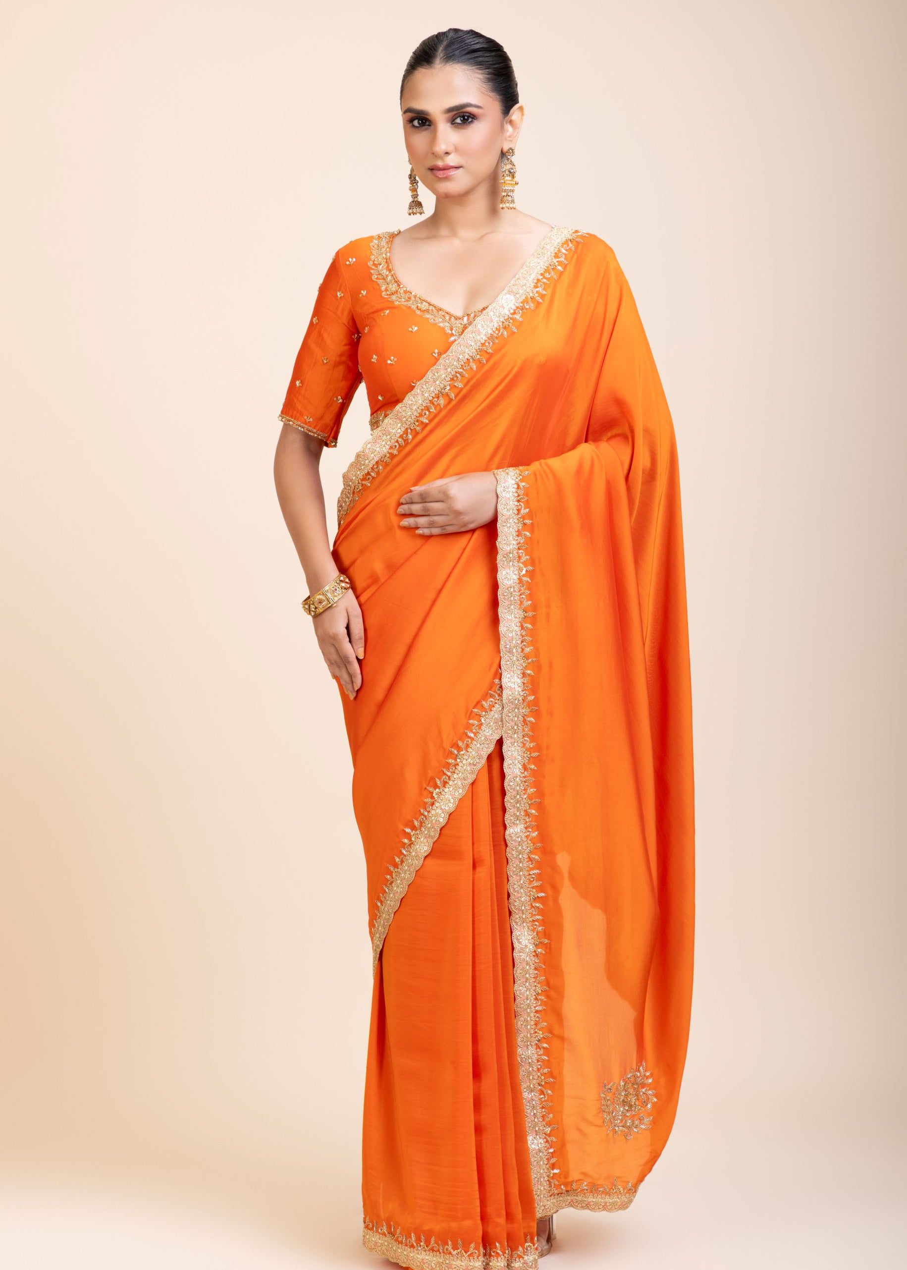 Orange Hand Embroidered Designer Saree - Front