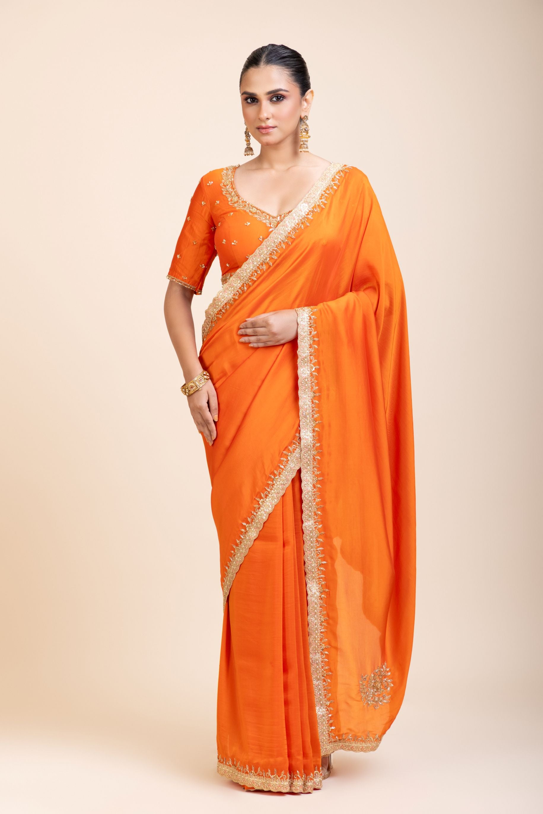 Orange Hand Embroidered Designer Saree - Front