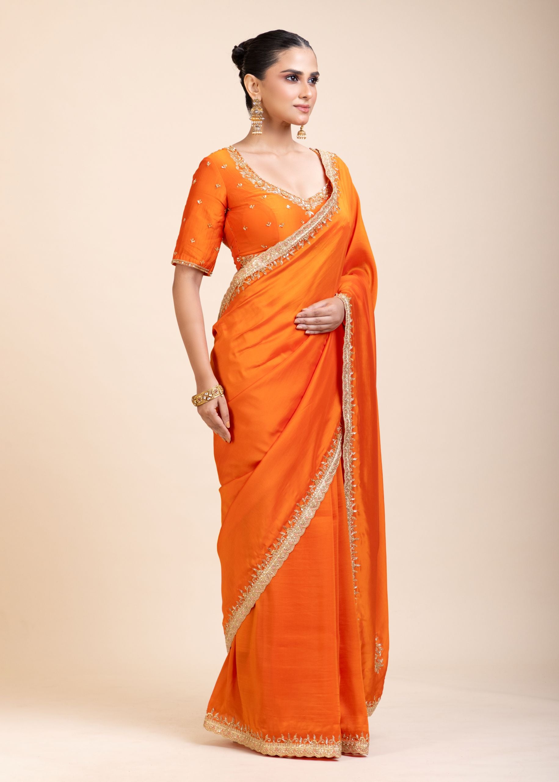 
Orange Hand Embroidered Designer Saree -Side
