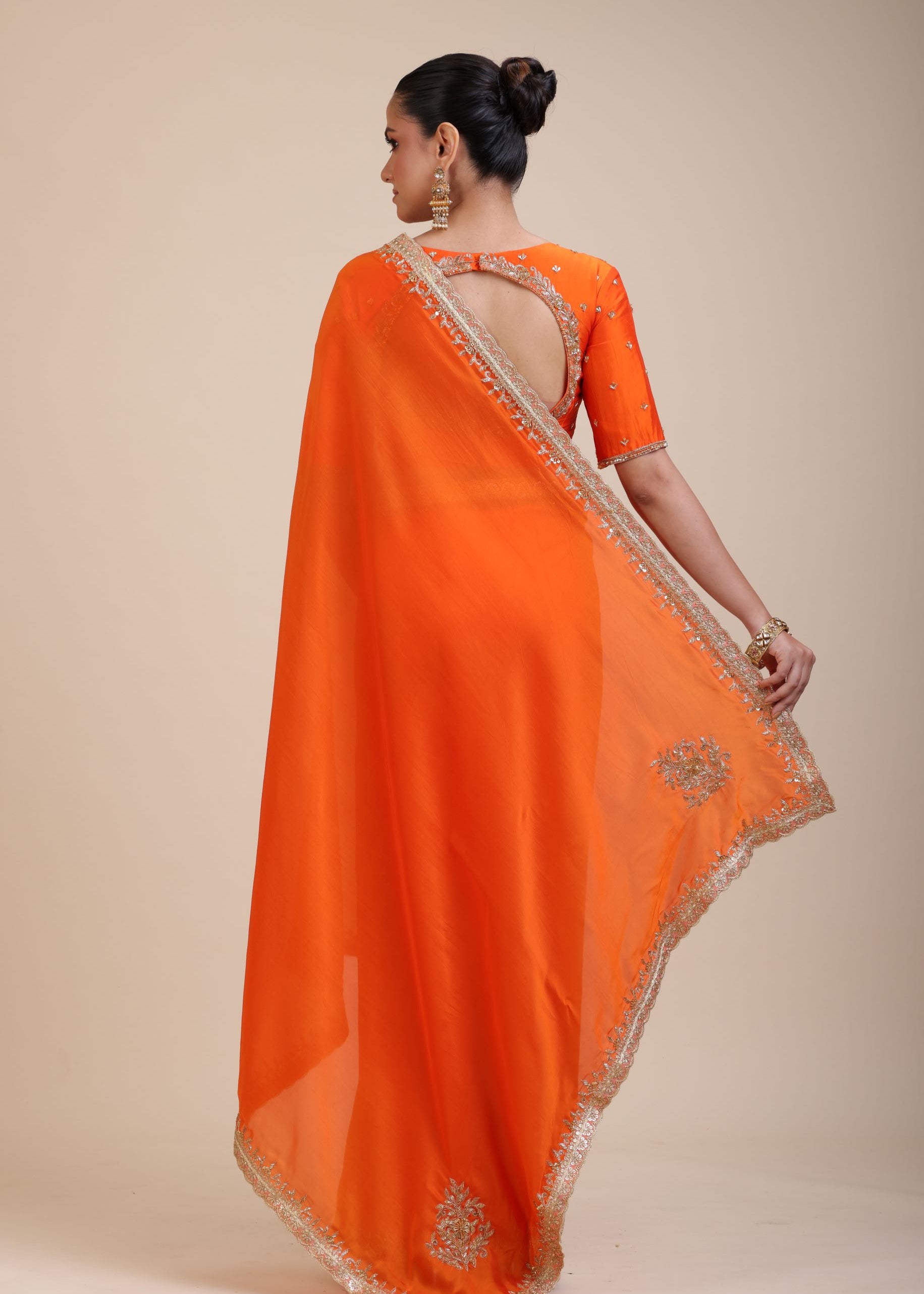 Orange Hand Embroidered Designer Saree -Back
