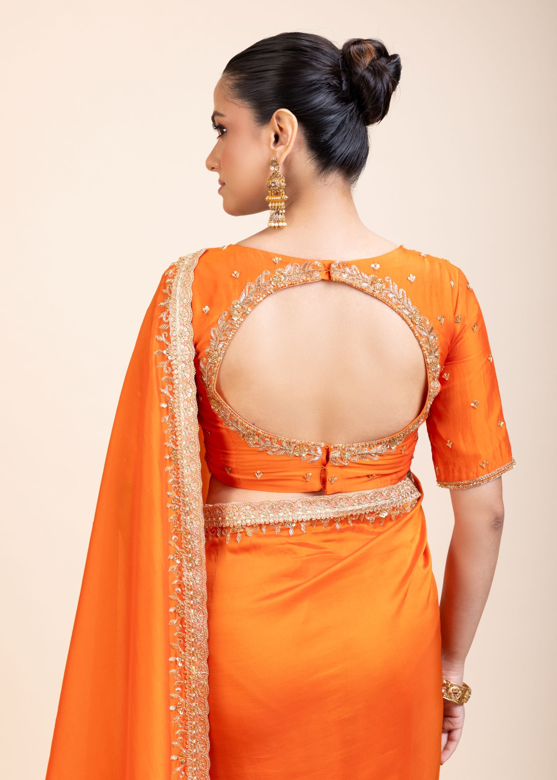 Orange Hand Embroidered Designer Saree   -Back