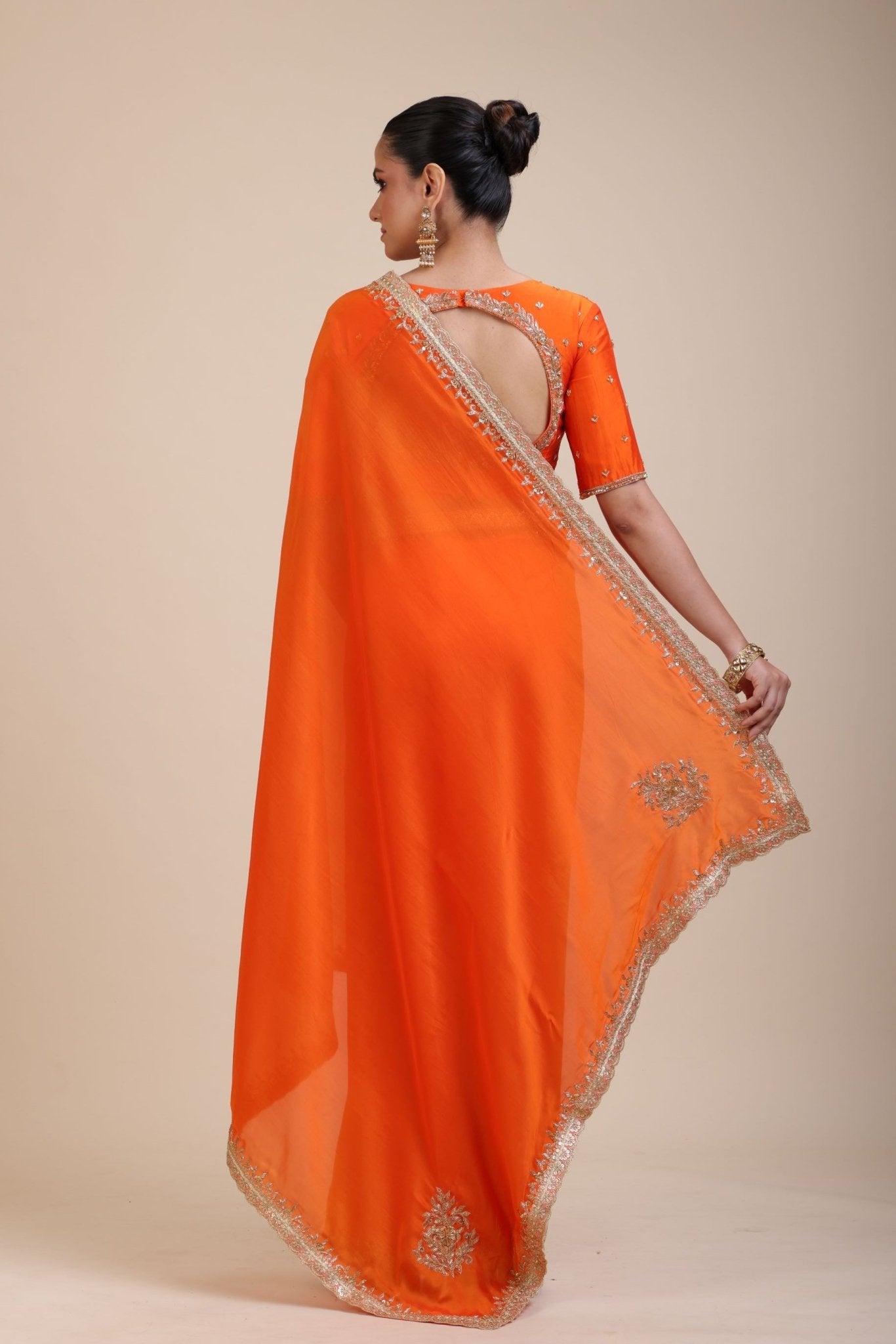 Orange Hand Embroidered Designer Saree - Pallu